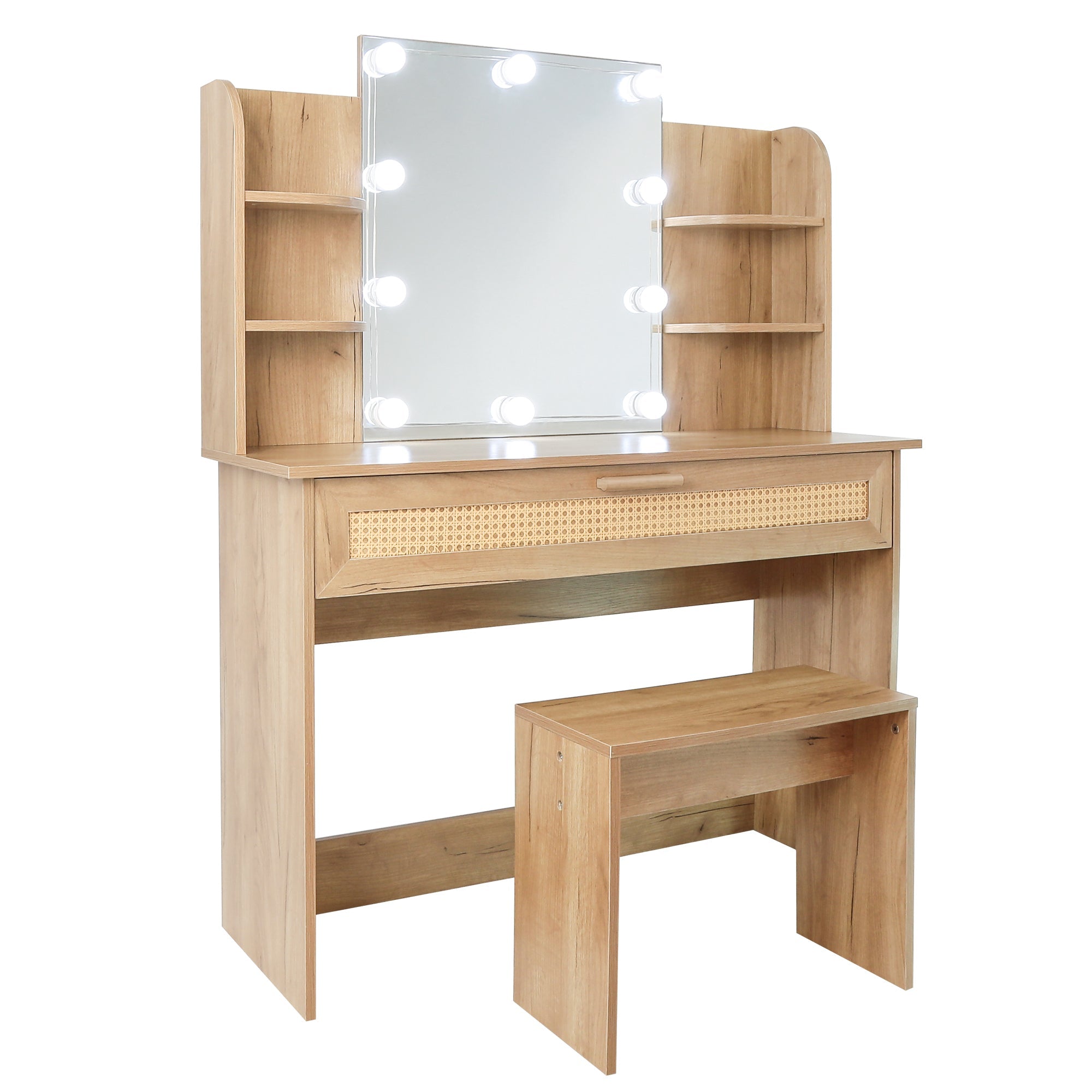 Modern Vanity Desk with LED Mirror & Stool - Natural Wood-American Furniture Outlet