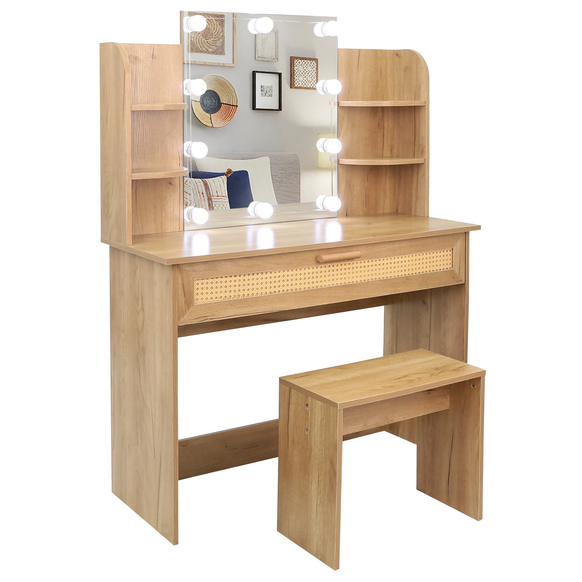 Modern Vanity Desk with LED Mirror & Stool - Natural Wood-American Furniture Outlet