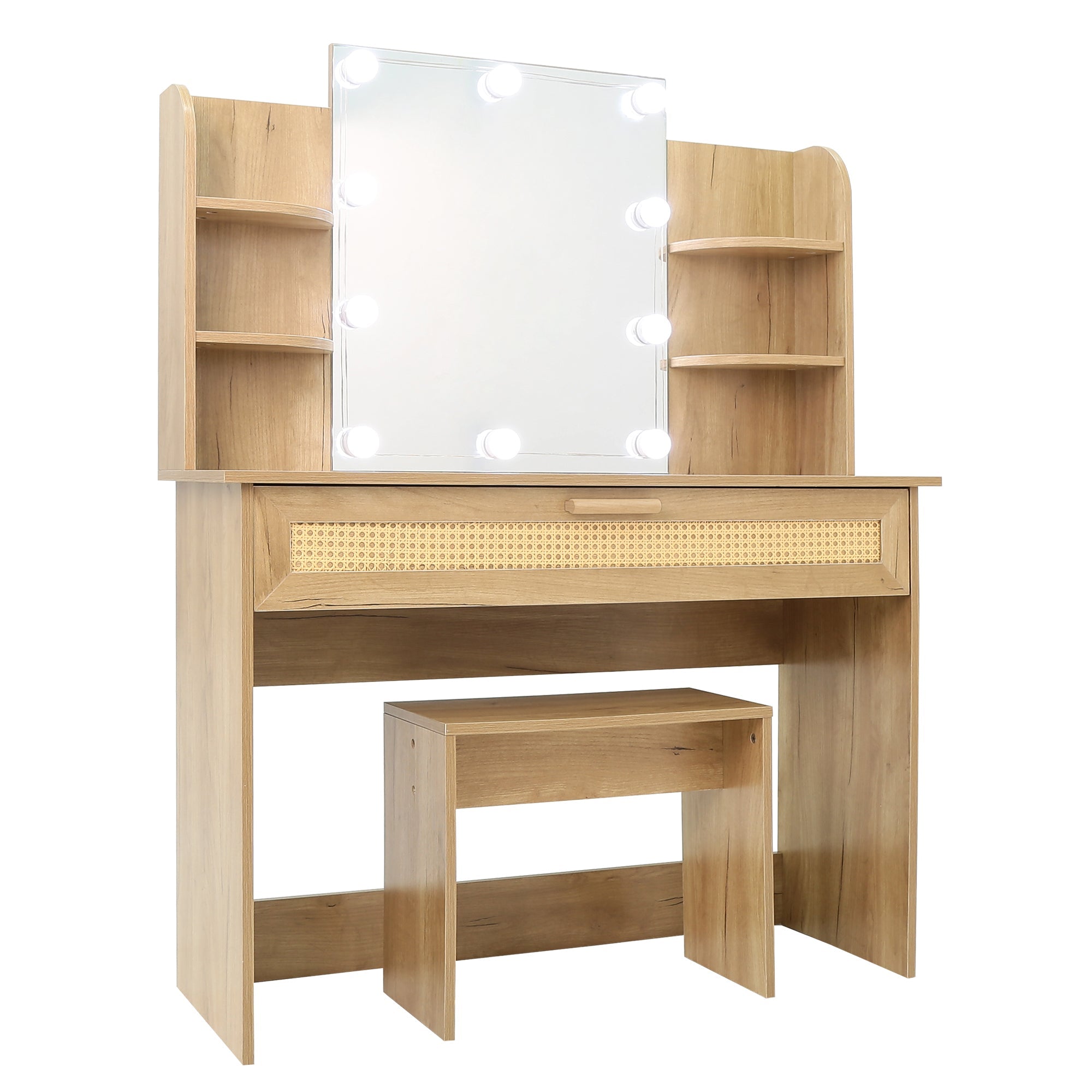 Modern Vanity Desk with LED Mirror & Stool - Natural Wood-American Furniture Outlet