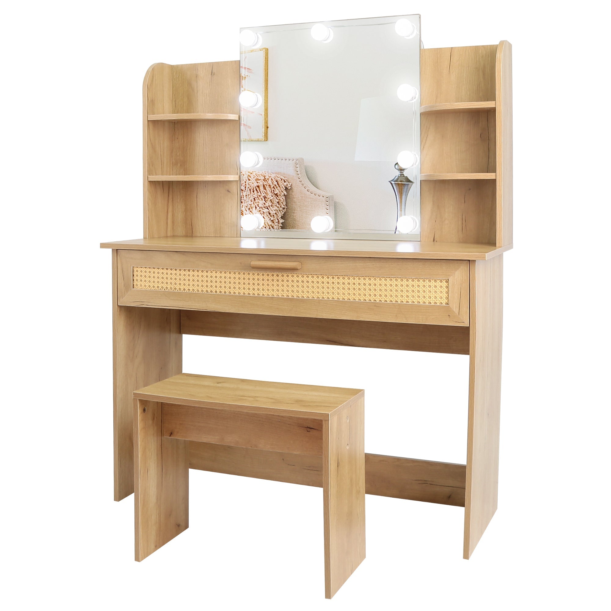 Modern Vanity Desk with LED Mirror & Stool - Natural Wood-American Furniture Outlet