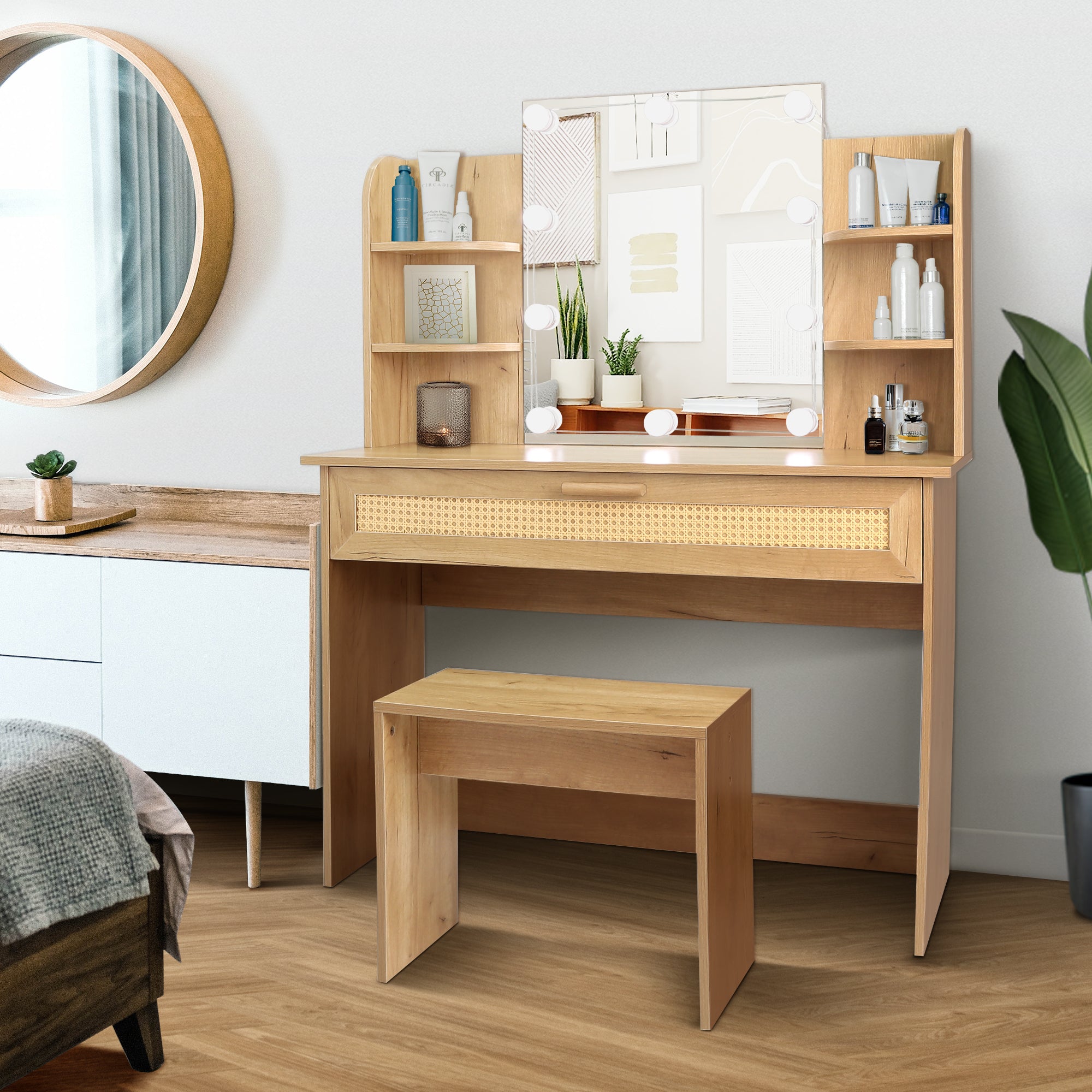 Modern Vanity Desk with LED Mirror & Stool - Natural Wood-American Furniture Outlet