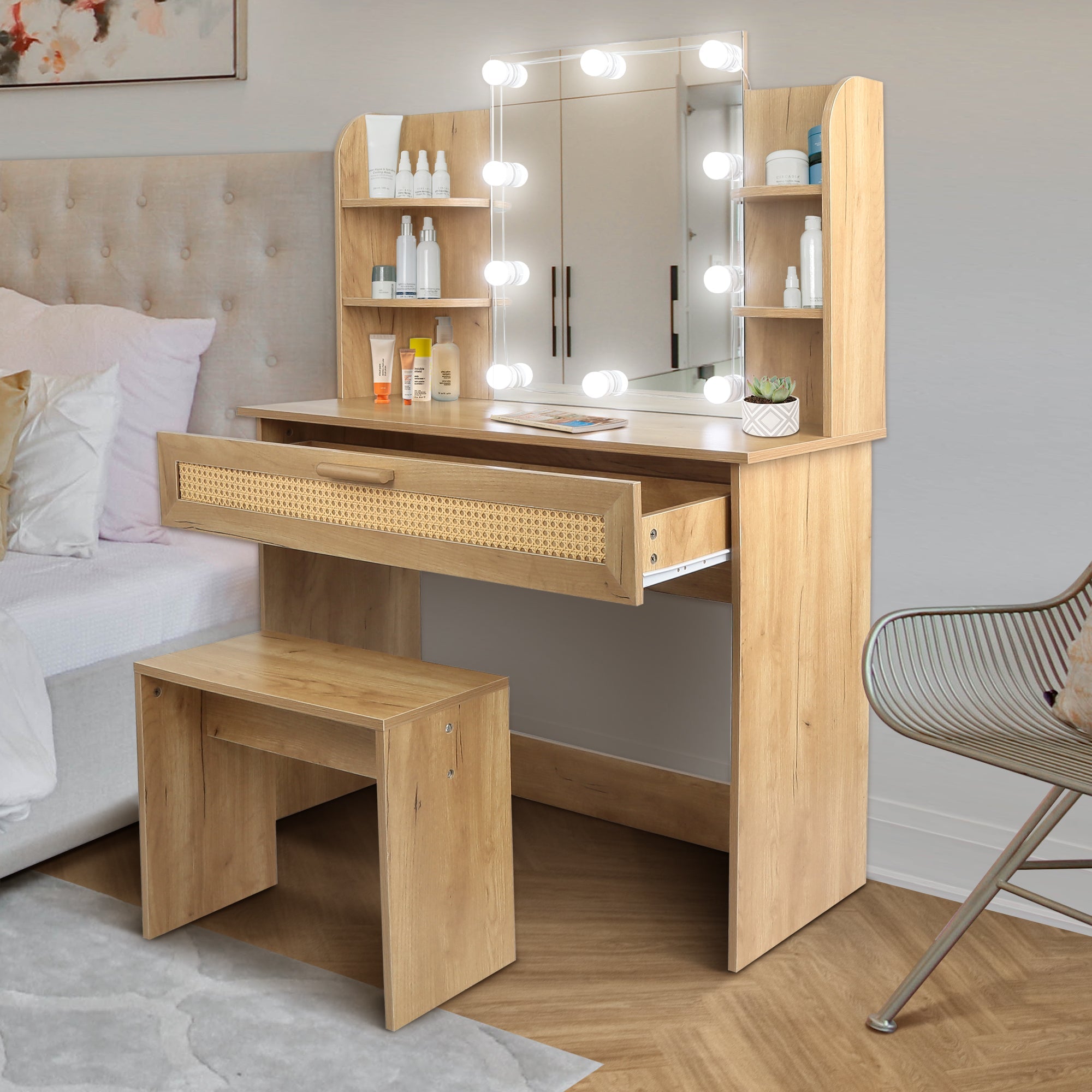 Modern Vanity Desk with LED Mirror & Stool - Natural Wood-American Furniture Outlet