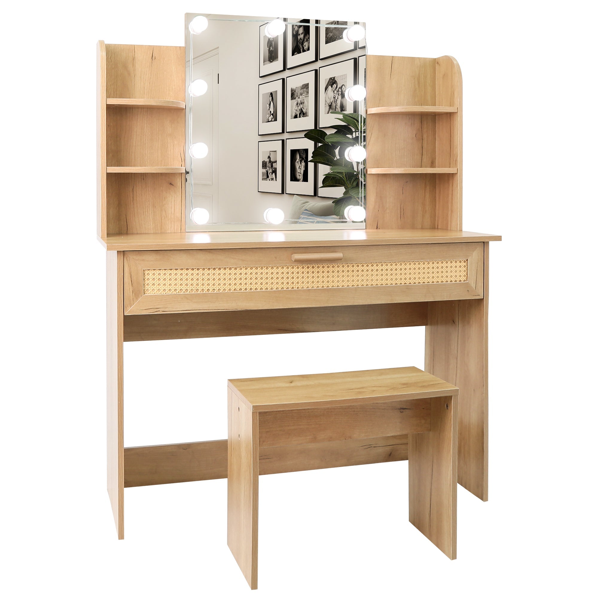 Modern Vanity Desk with LED Mirror & Stool - Natural Wood-American Furniture Outlet