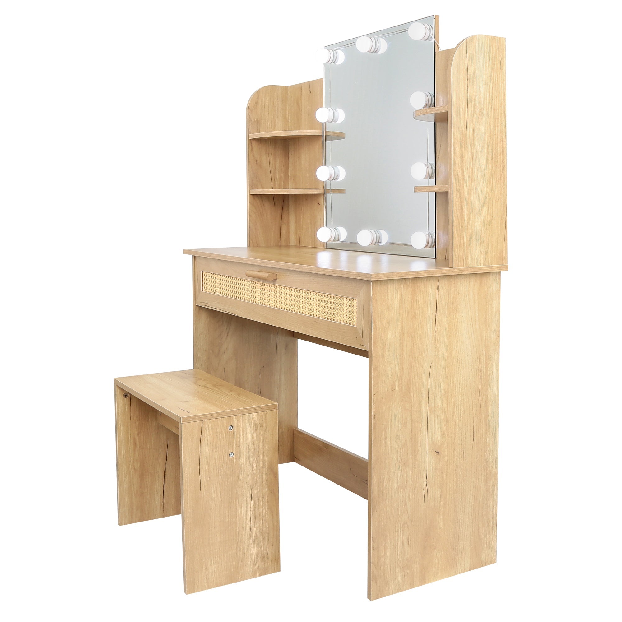 Modern Vanity Desk with LED Mirror & Stool - Natural Wood-American Furniture Outlet