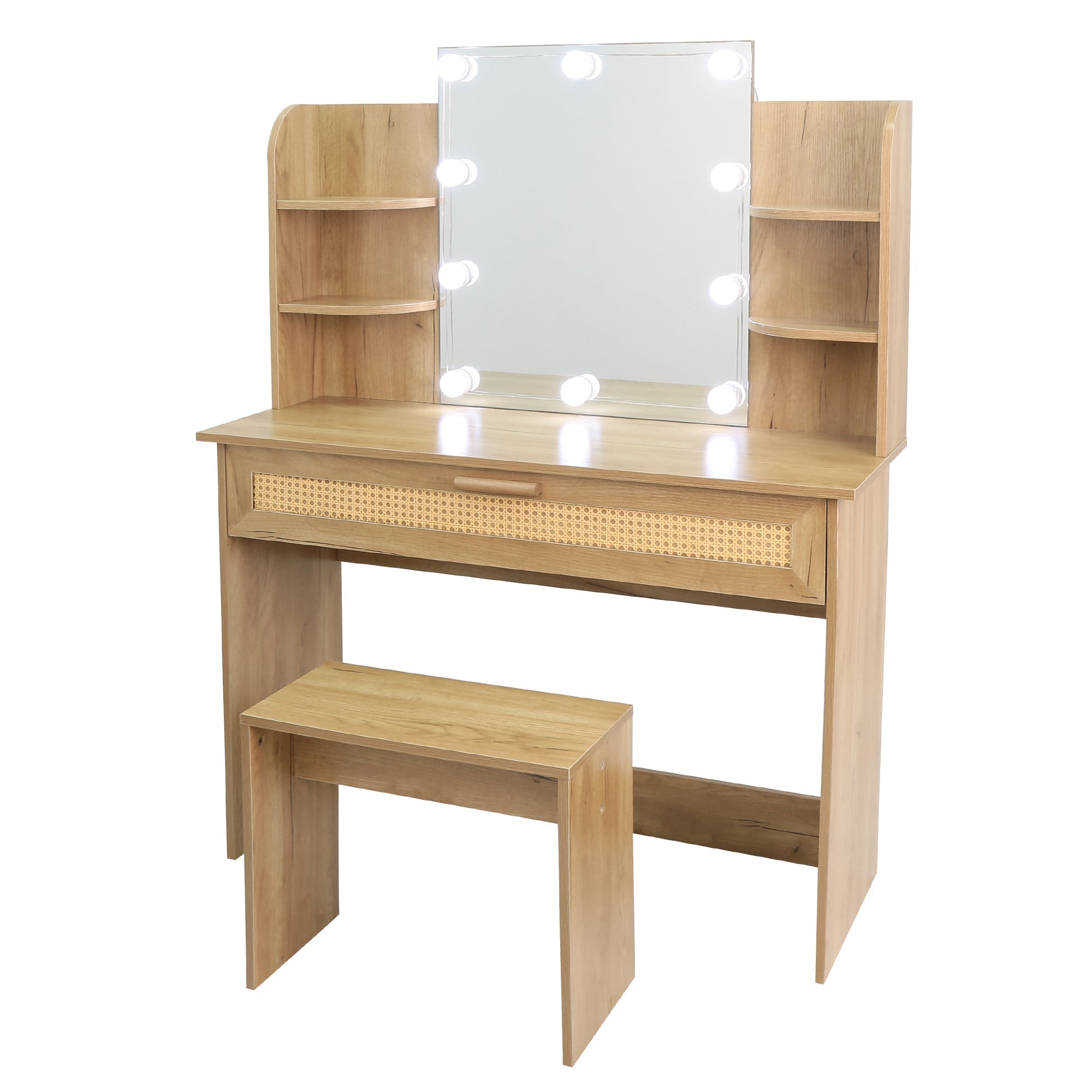 Modern Vanity Desk with LED Mirror & Stool - Natural Wood-American Furniture Outlet