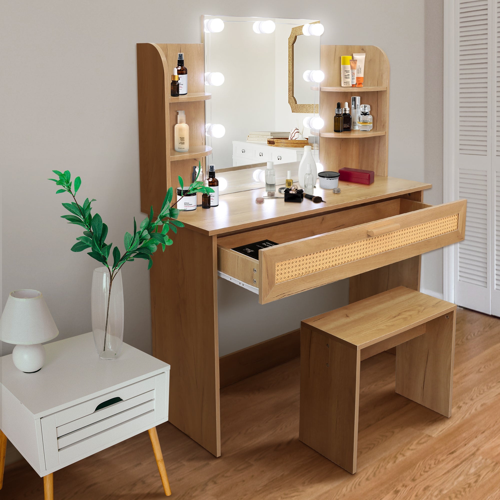 Modern Vanity Desk with LED Mirror & Stool - Natural Wood-American Furniture Outlet