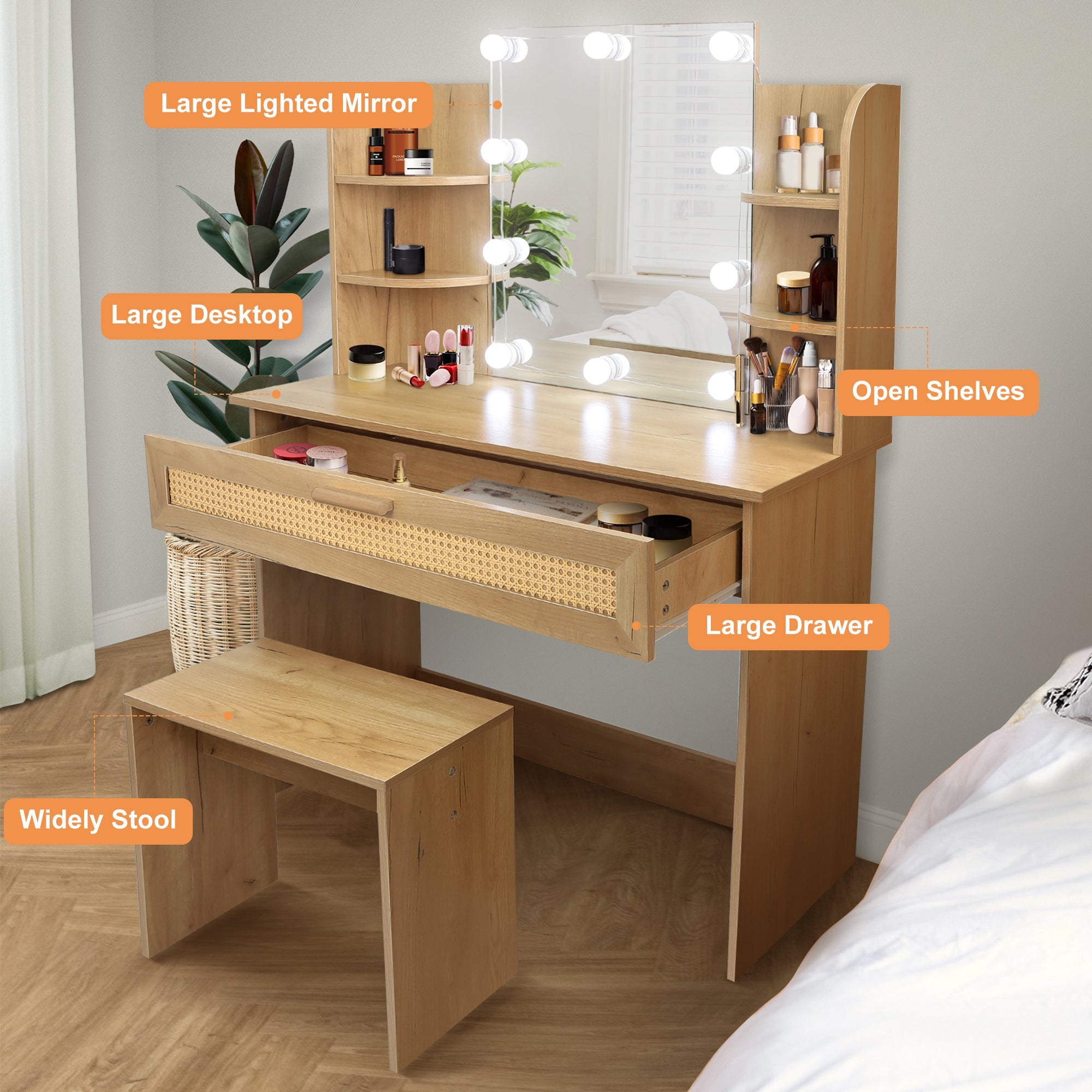 Modern Vanity Desk with LED Mirror & Stool - Natural Wood-American Furniture Outlet