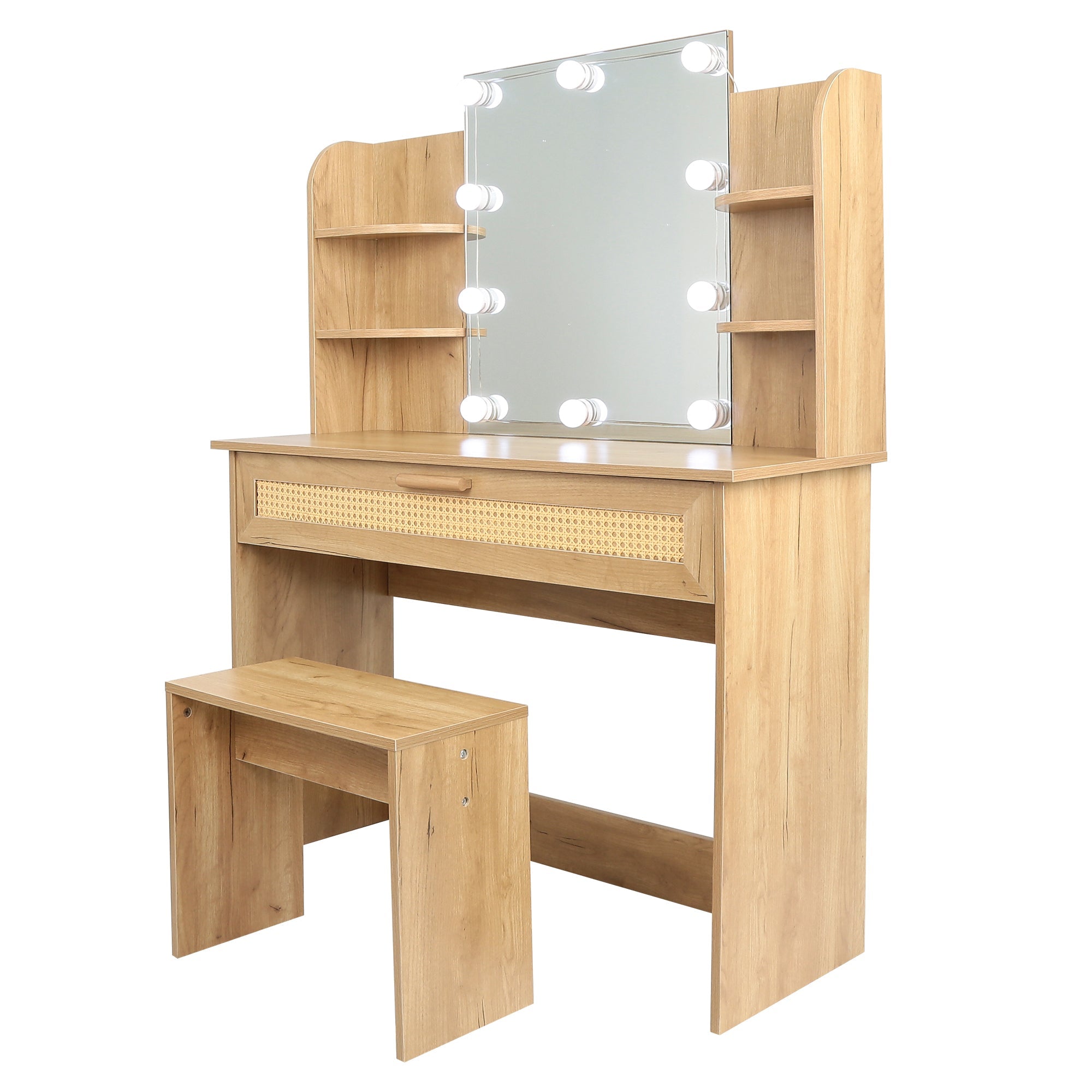 Modern Vanity Desk with LED Mirror & Stool - Natural Wood-American Furniture Outlet