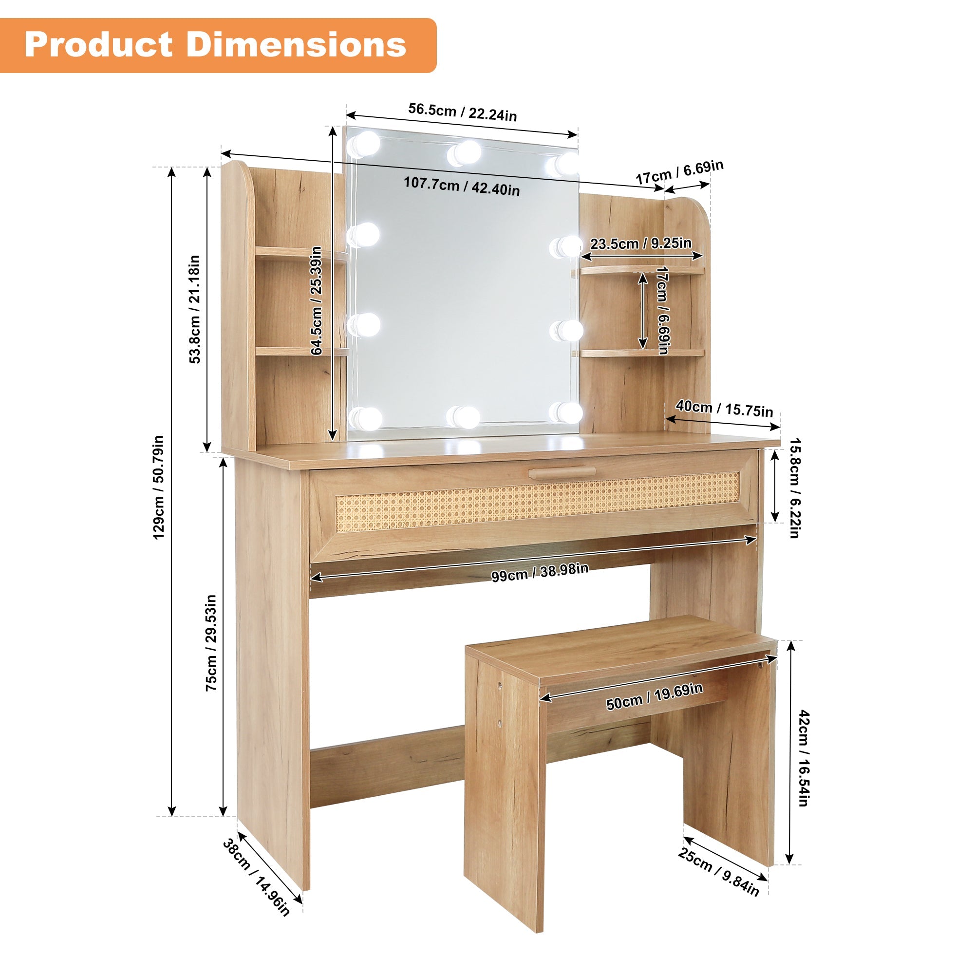 Modern Vanity Desk with LED Mirror & Stool - Natural Wood-American Furniture Outlet