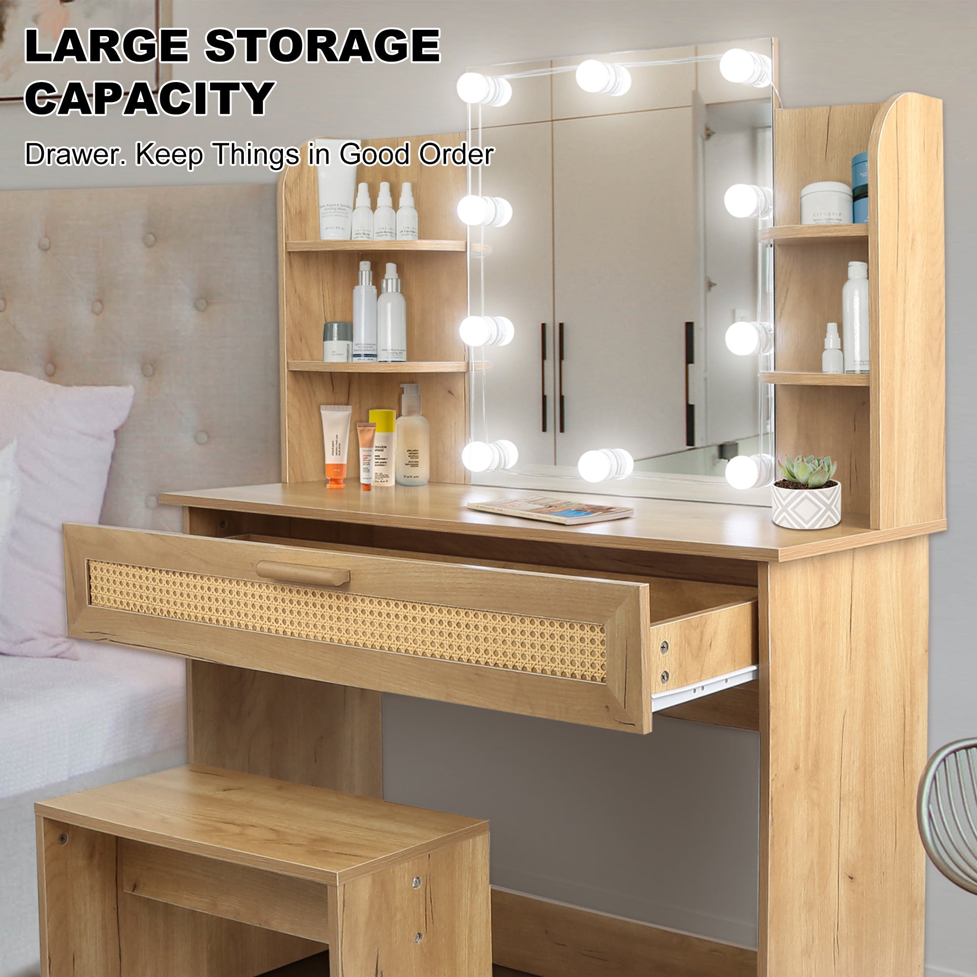 Modern Vanity Desk with LED Mirror & Stool - Natural Wood-American Furniture Outlet