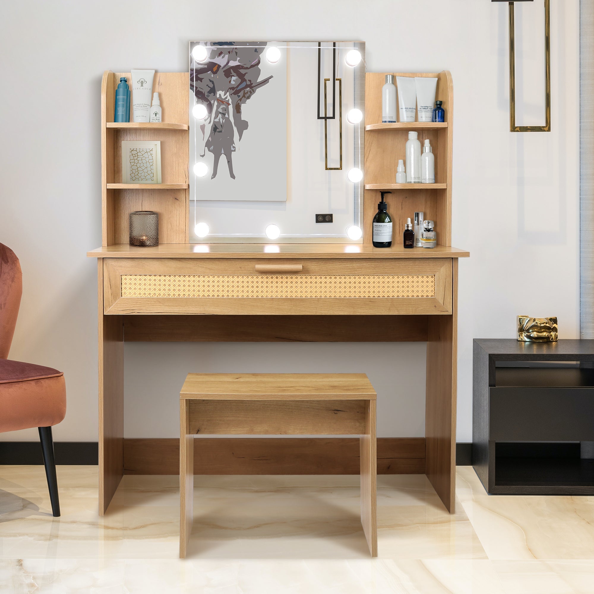 Modern Vanity Desk with LED Mirror & Stool - Natural Wood-American Furniture Outlet