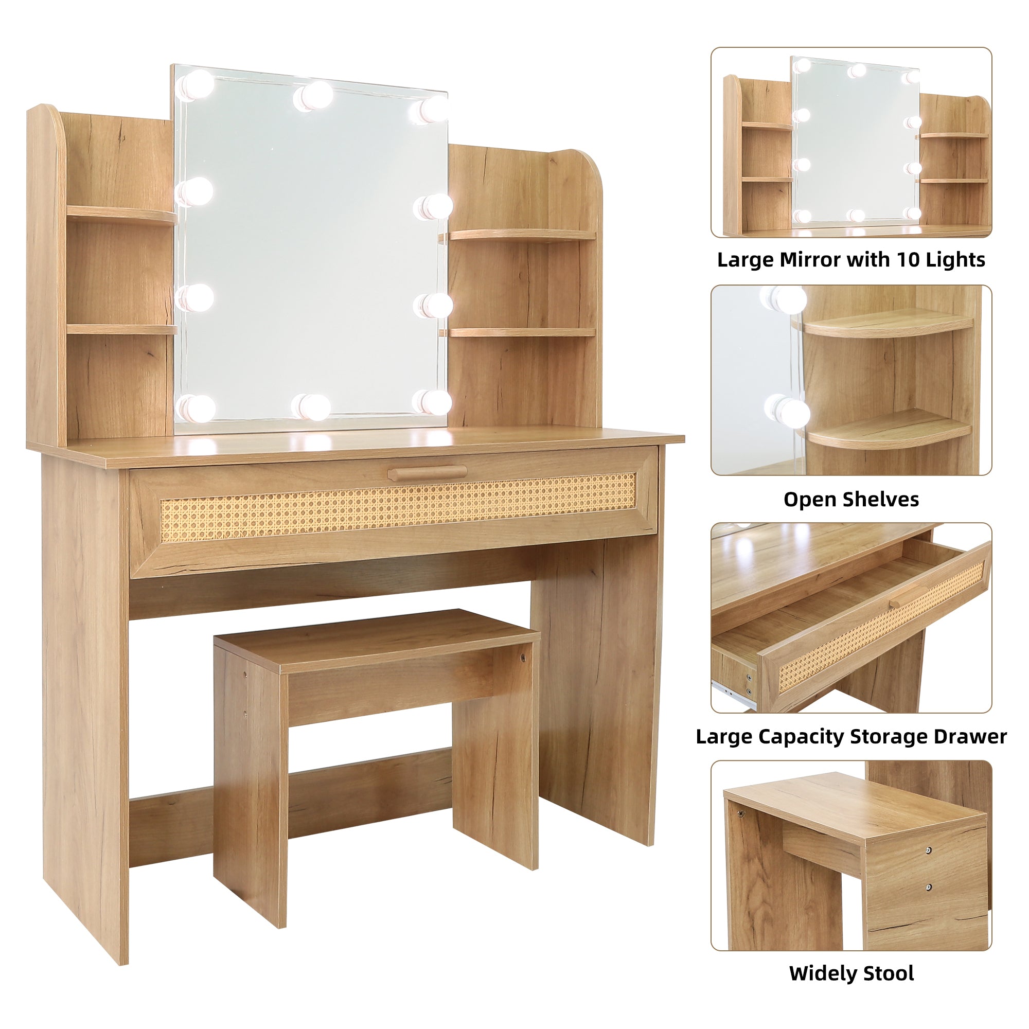 Modern Vanity Desk with LED Mirror & Stool - Natural Wood-American Furniture Outlet