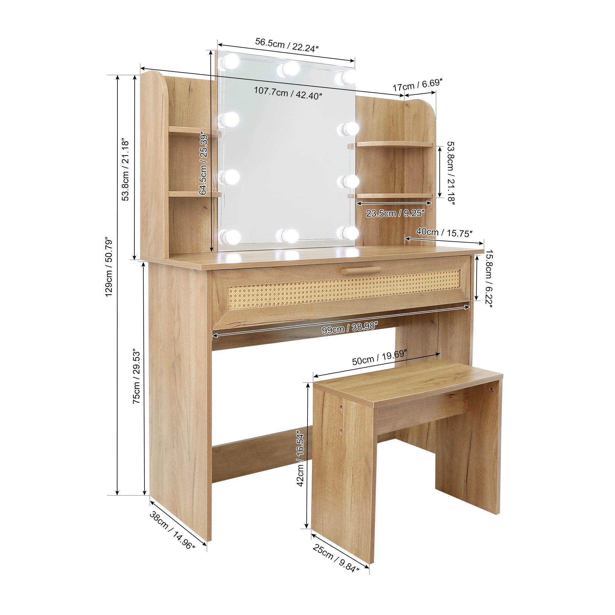 Modern Vanity Desk with LED Mirror & Stool - Natural Wood-American Furniture Outlet