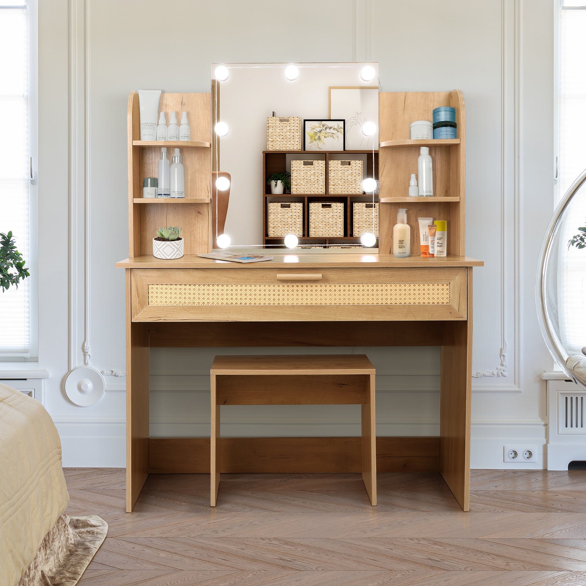 Modern Vanity Desk with LED Mirror & Stool - Natural Wood-American Furniture Outlet