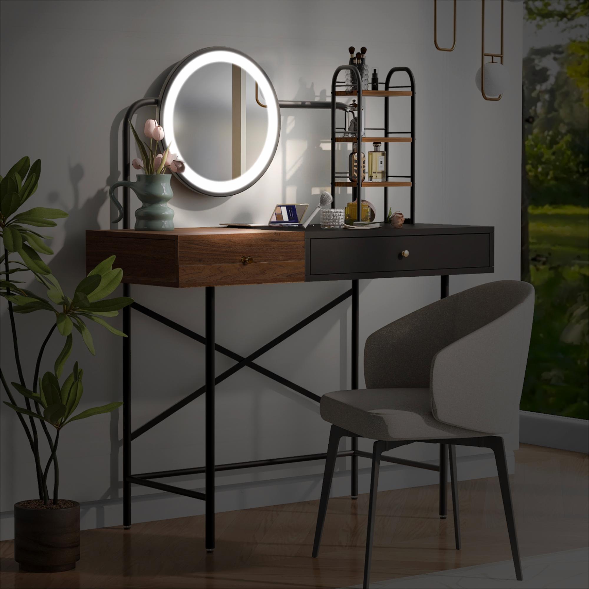 Modern Vanity Desk with Mirror & Charge | Black-American Furniture Outlet