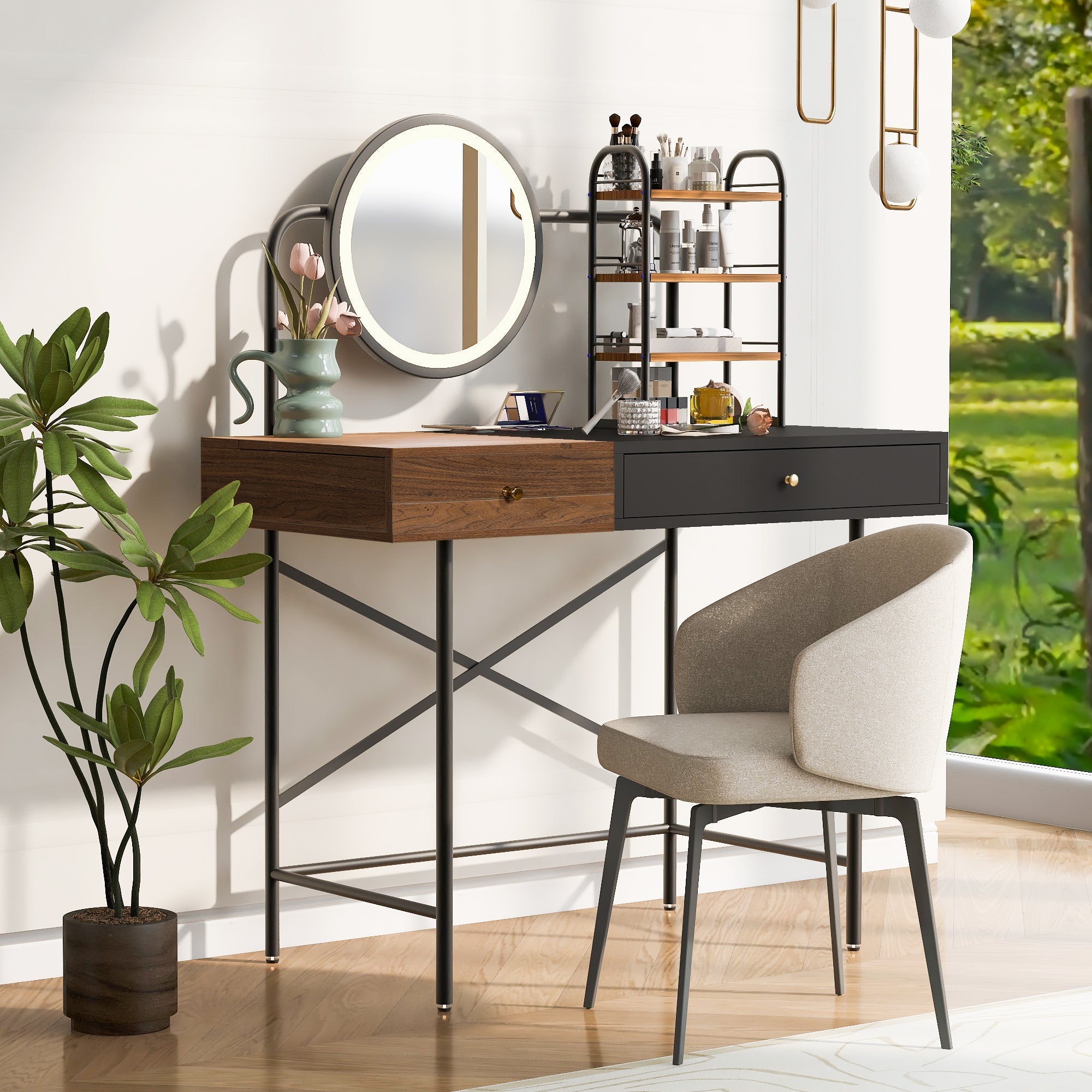 Modern Vanity Desk with Mirror & Charge | Black-American Furniture Outlet