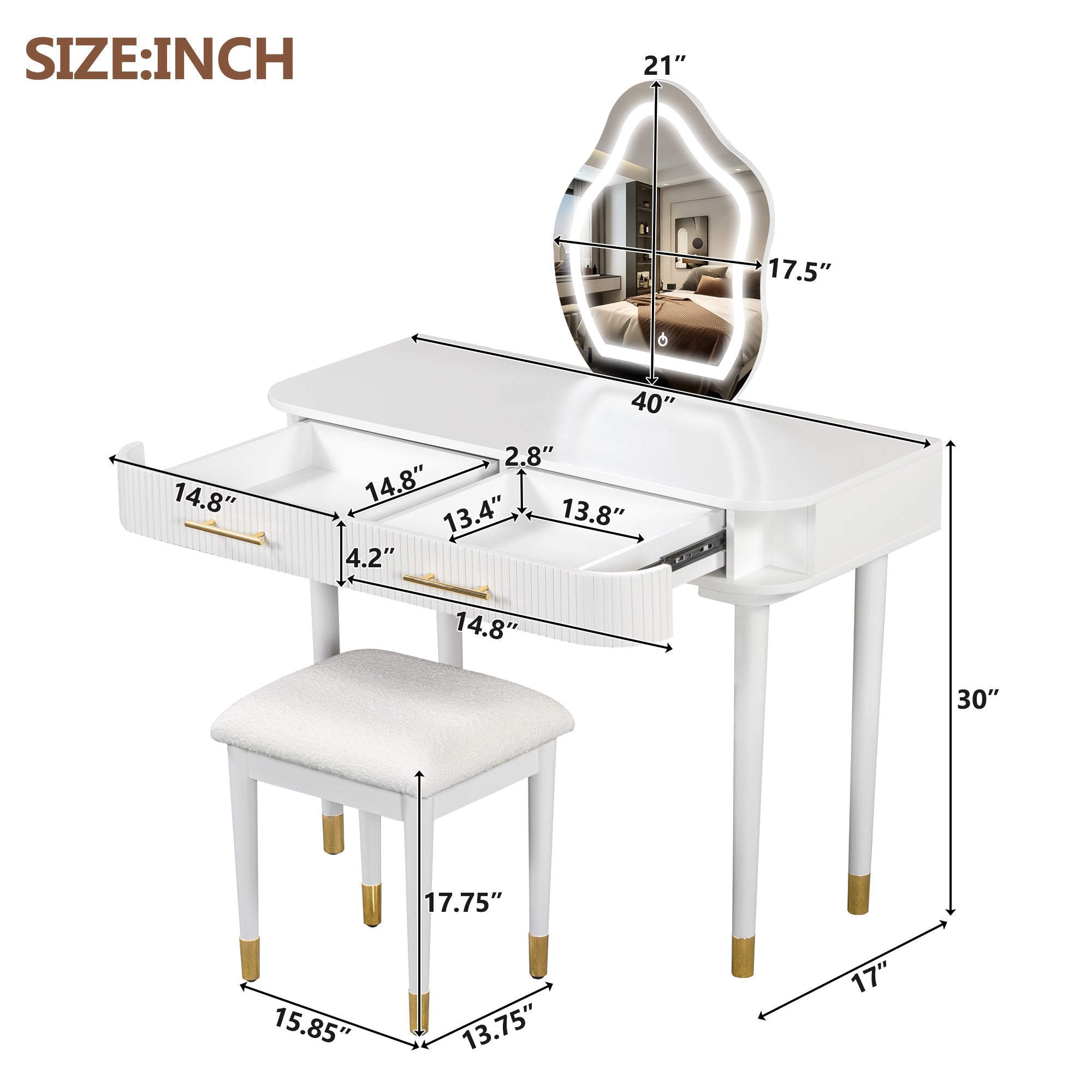 Modern Vanity Set - Lighted Mirror, Drawers, Stool-American Furniture Outlet