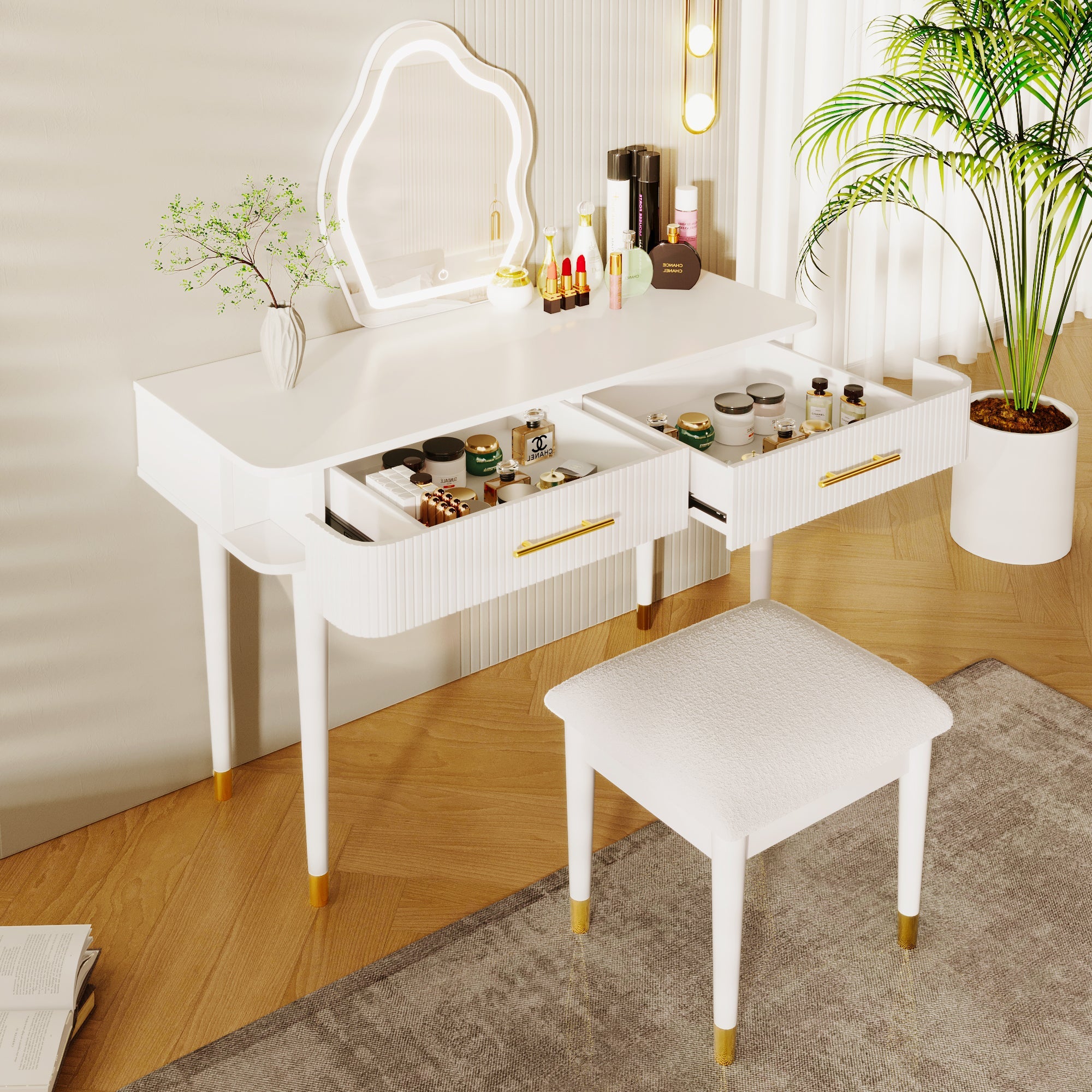 Modern Vanity Set - Lighted Mirror, Drawers, Stool-American Furniture Outlet