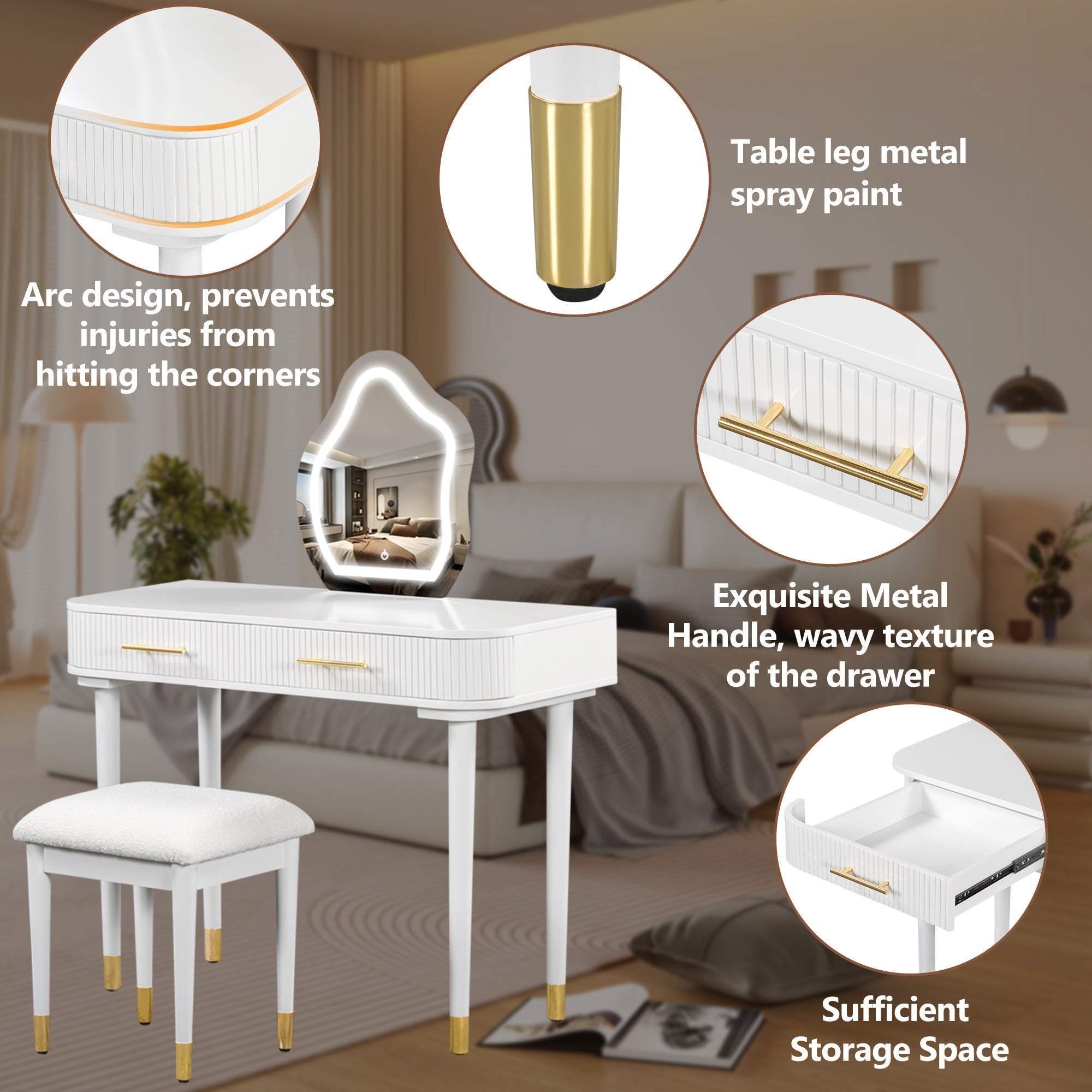 Modern Vanity Set - Lighted Mirror, Drawers, Stool-American Furniture Outlet