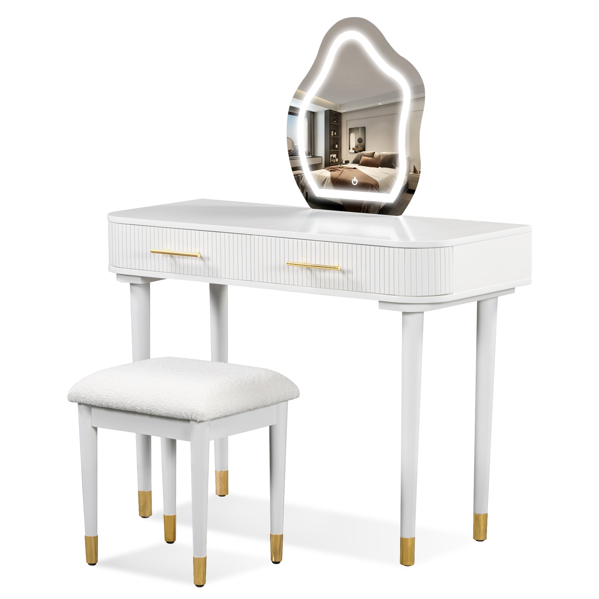 Modern Vanity Set - Lighted Mirror, Drawers, Stool-American Furniture Outlet