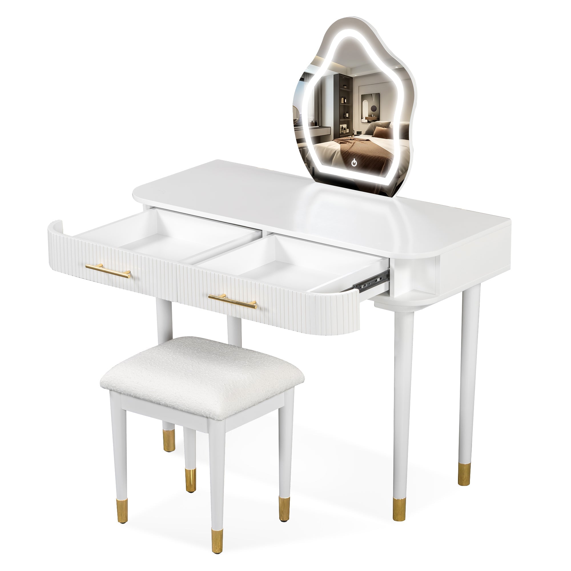 Modern Vanity Set - Lighted Mirror, Drawers, Stool-American Furniture Outlet