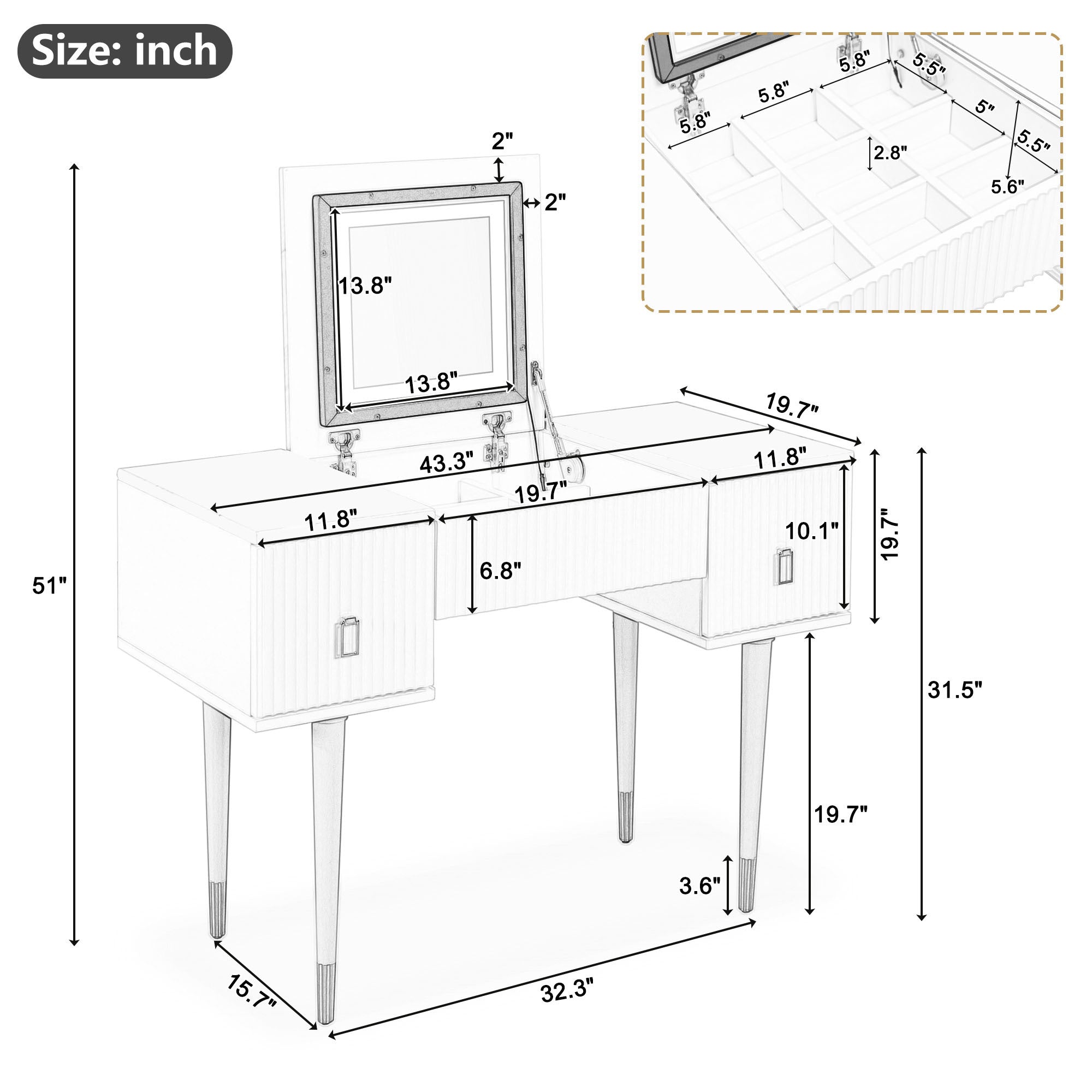 Modern Vanity Set w/ Flip Top Mirror & LED Light-American Furniture Outlet