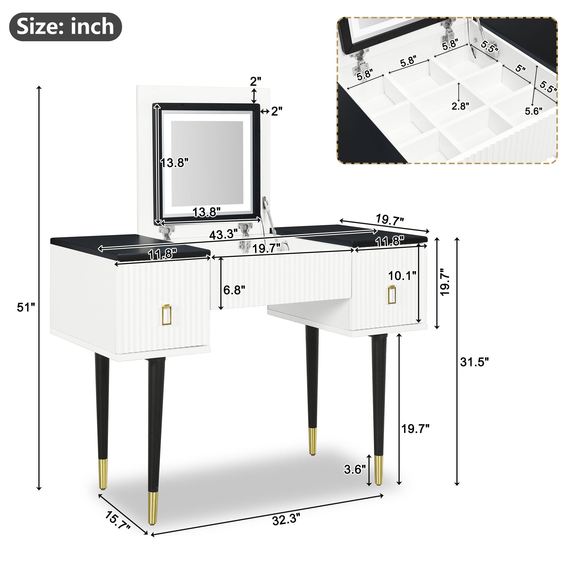 Modern Vanity Set w/ Flip Top Mirror & LED Light-American Furniture Outlet