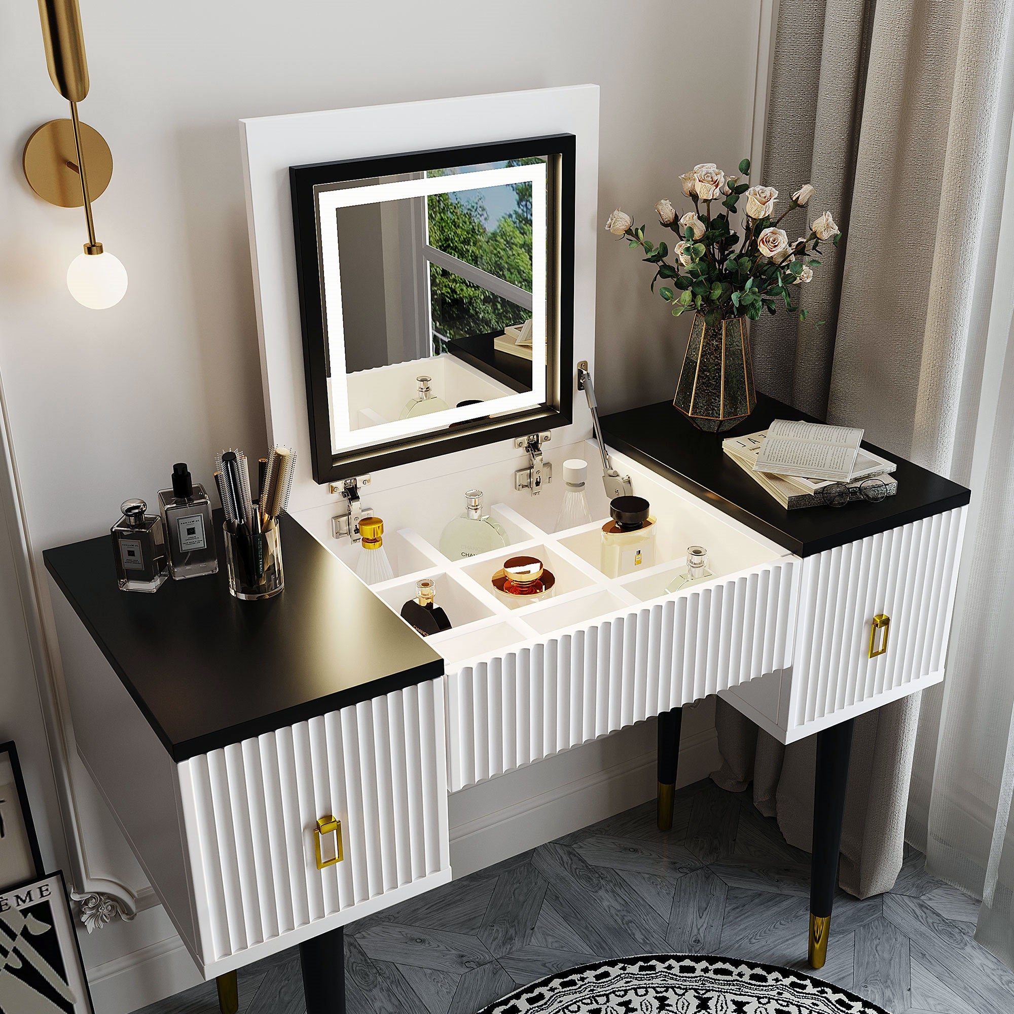 Modern Vanity Set w/ Flip Top Mirror & LED Light-American Furniture Outlet