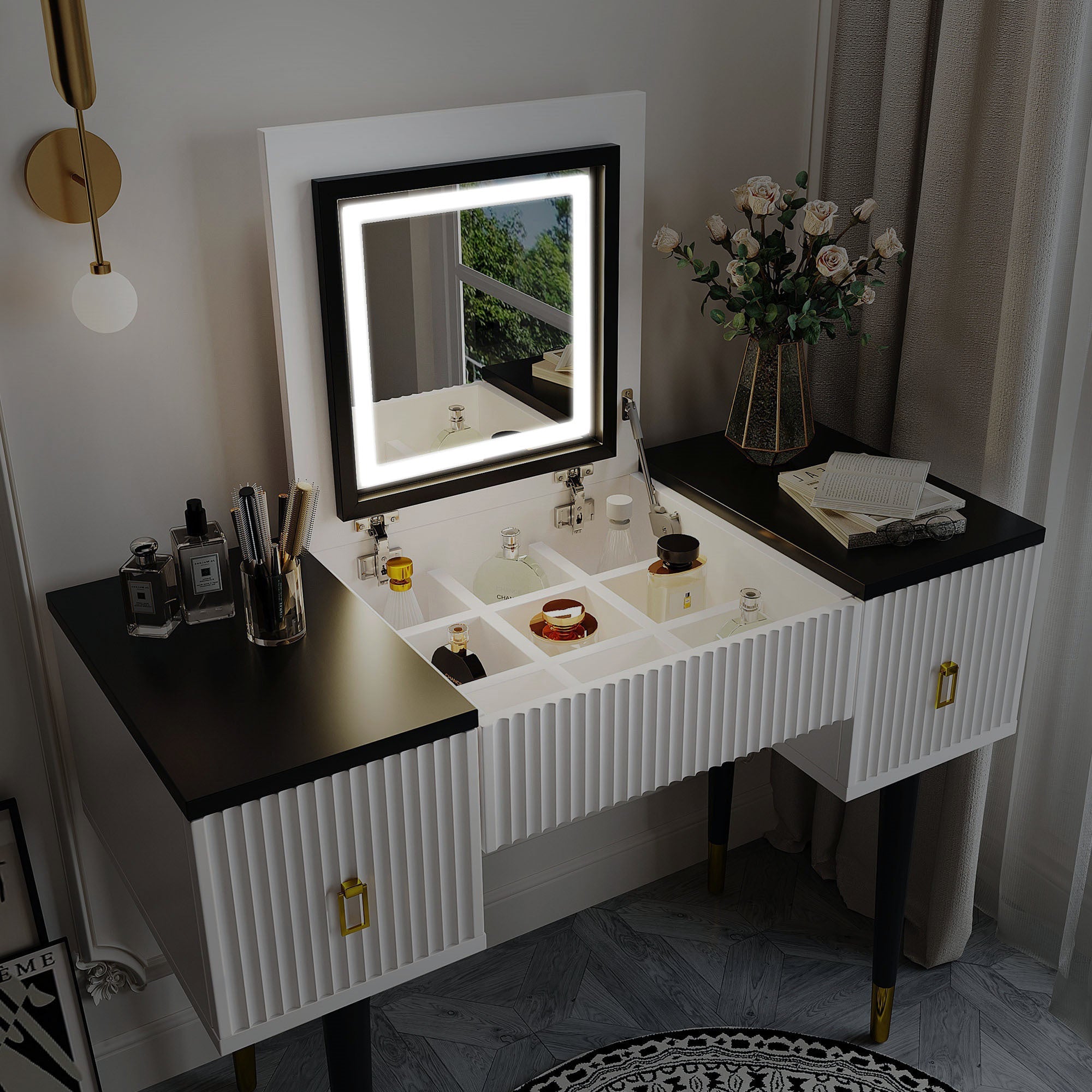 Modern Vanity Set w/ Flip Top Mirror & LED Light-American Furniture Outlet