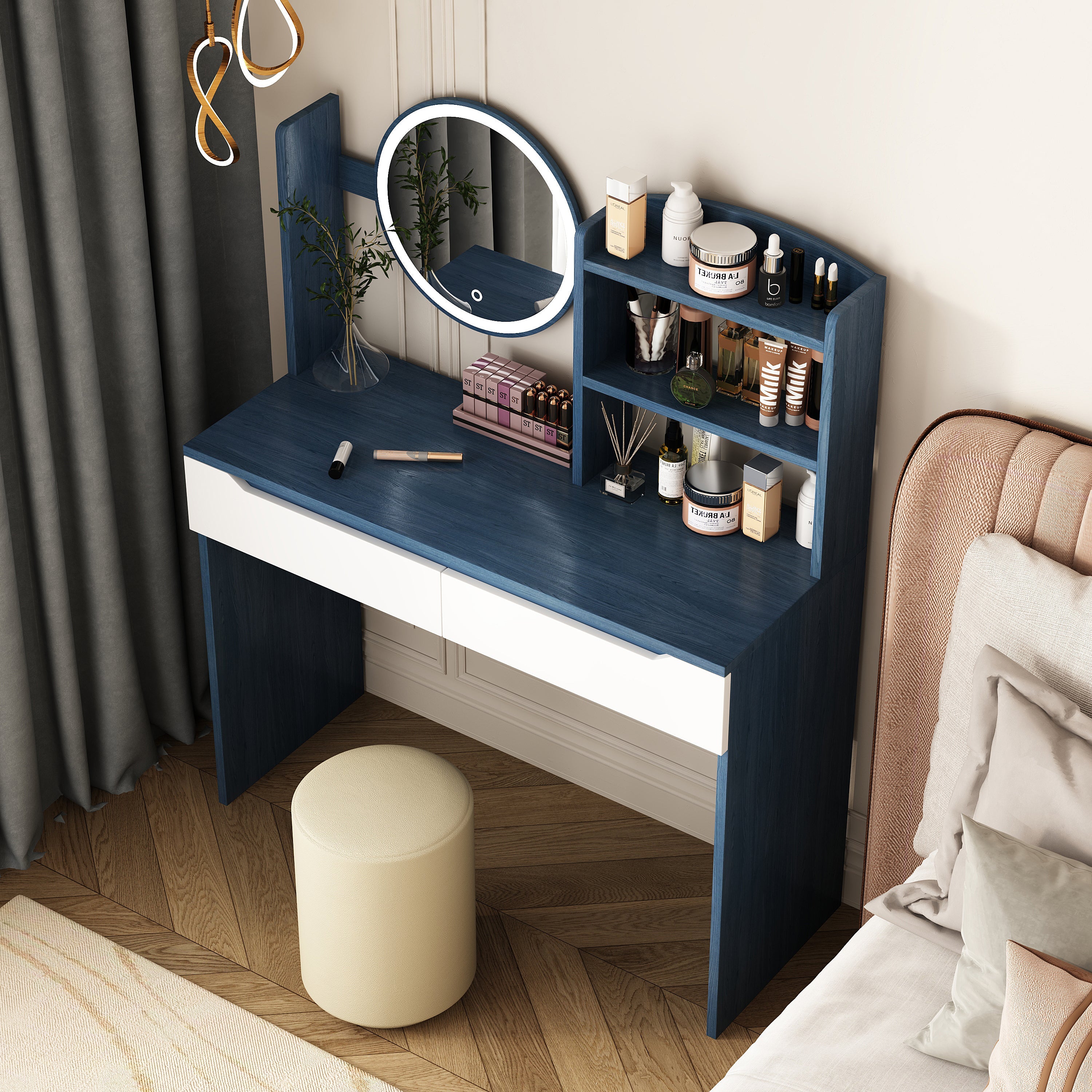 Modern Vanity Set w/ Mirror & Drawers - Blue-American Furniture Outlet