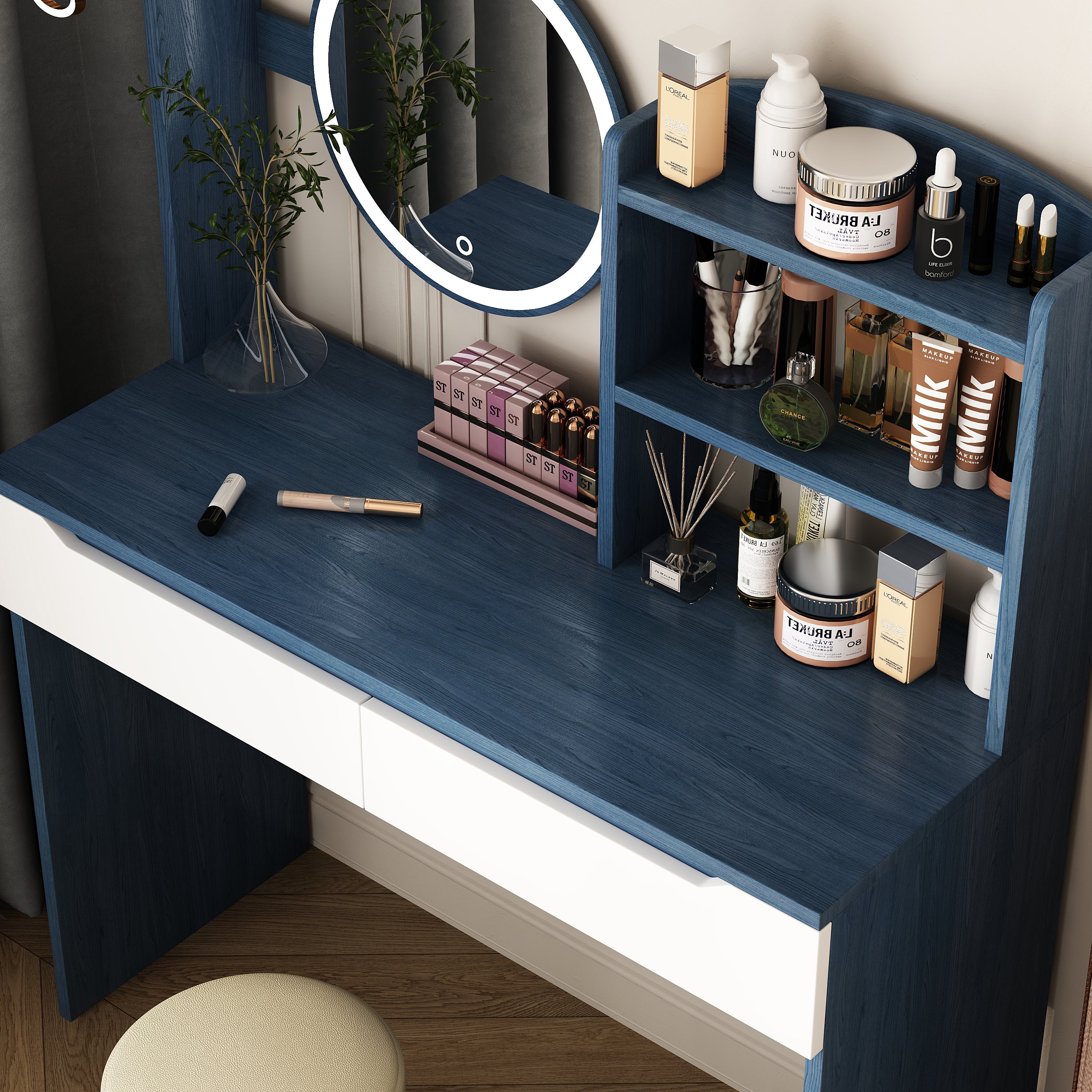 Modern Vanity Set w/ Mirror & Drawers - Blue-American Furniture Outlet