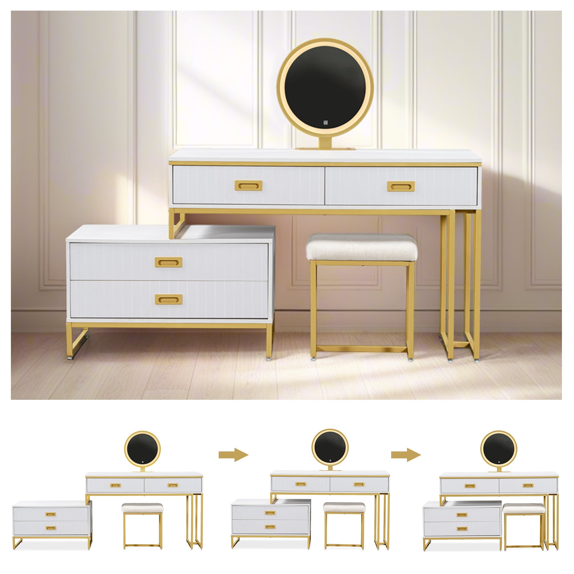 Modern Vanity Table w/ Cabinet & LED Lights - White/Gold-American Furniture Outlet