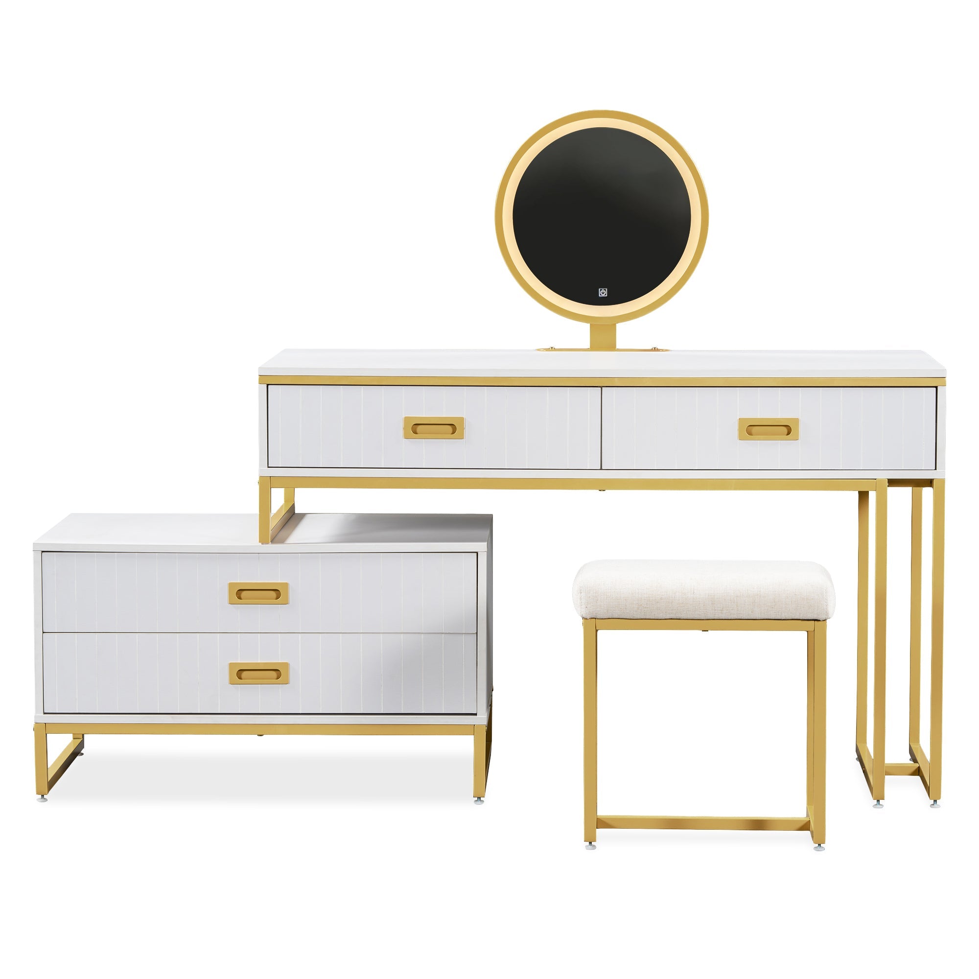 Modern Vanity Table w/ Cabinet & LED Lights - White/Gold-American Furniture Outlet