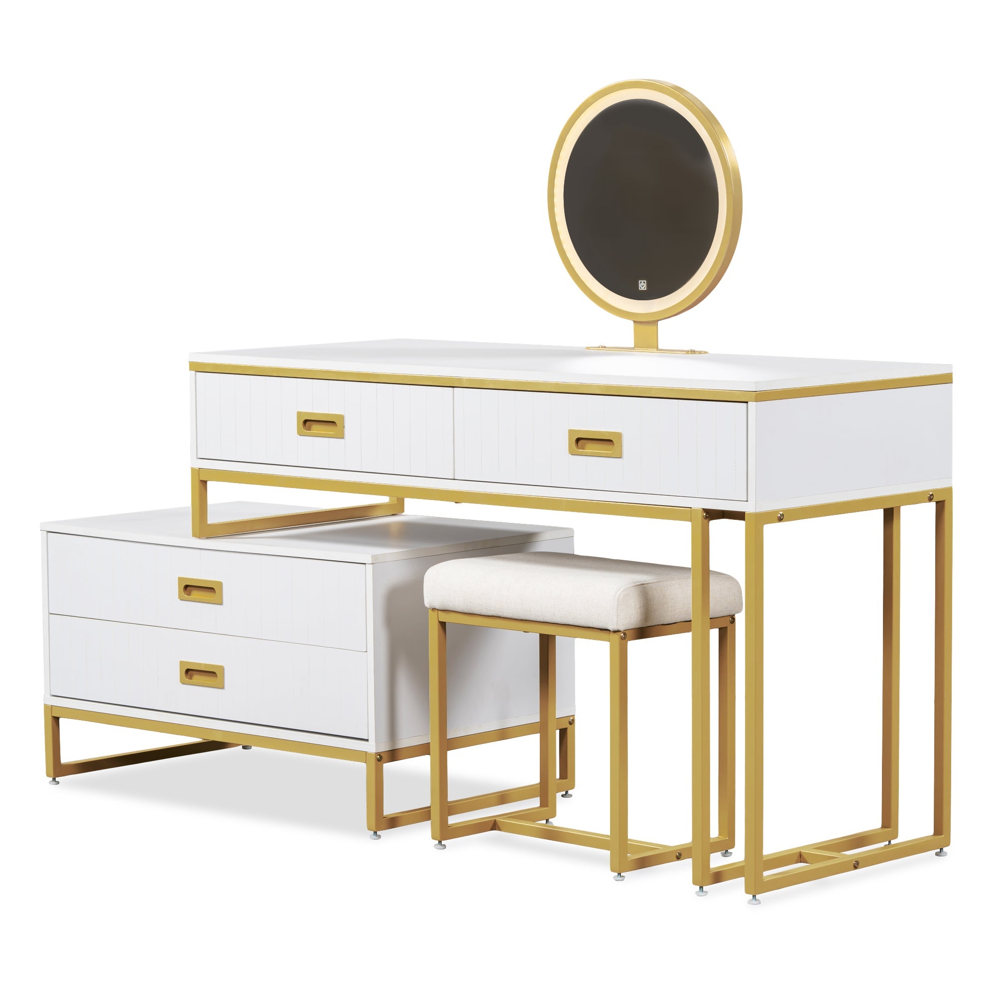 Modern Vanity Table w/ Cabinet & LED Lights - White/Gold-American Furniture Outlet