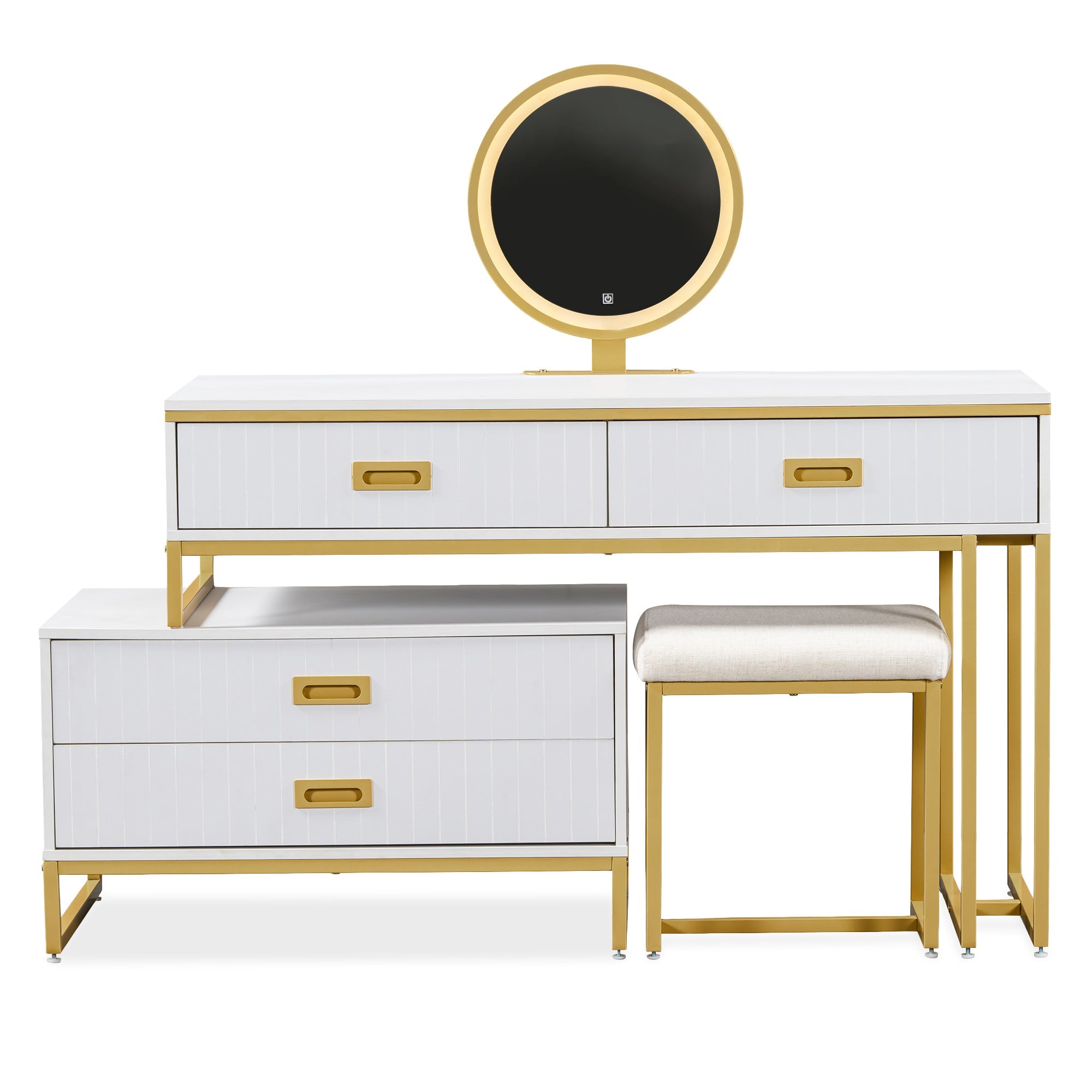 Modern Vanity Table w/ Cabinet & LED Lights - White/Gold-American Furniture Outlet