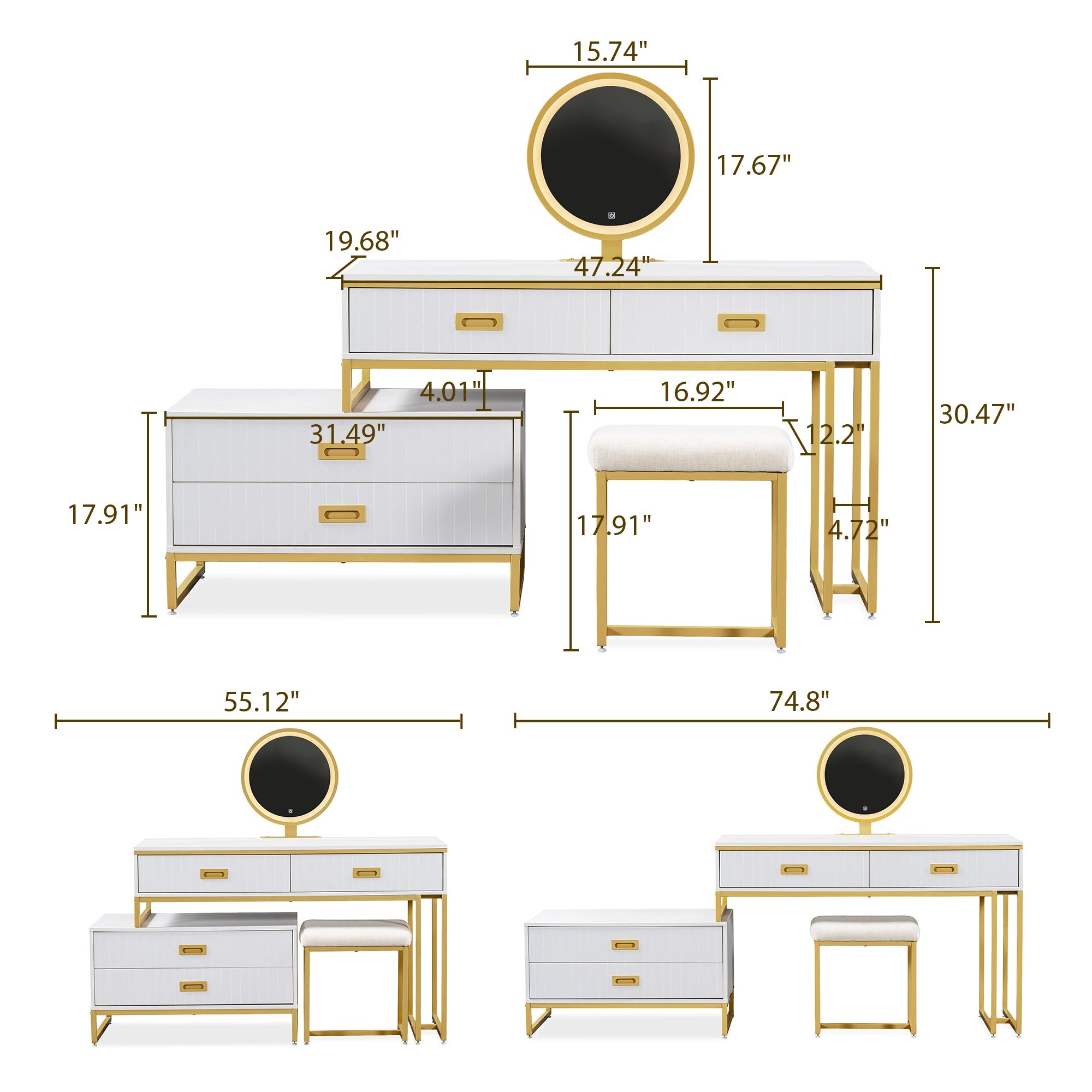 Modern Vanity Table w/ Cabinet & LED Lights - White/Gold-American Furniture Outlet