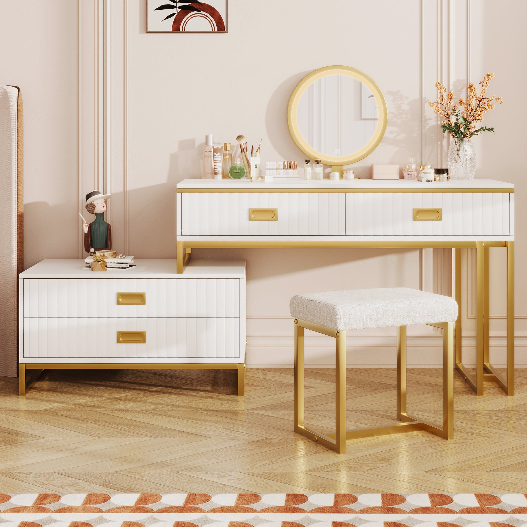 Modern Vanity Table w/ Cabinet & LED Lights - White/Gold-American Furniture Outlet