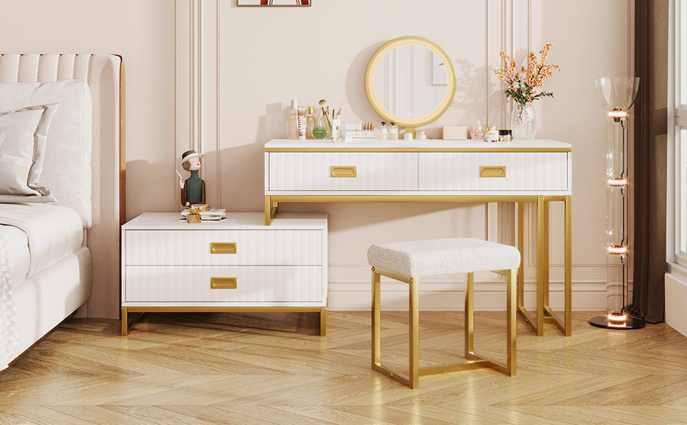 Modern Vanity Table w/ Cabinet & LED Lights - White/Gold-American Furniture Outlet