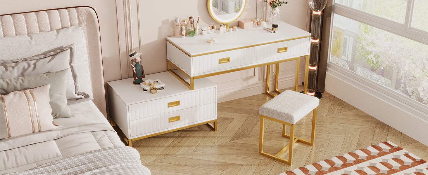 Modern Vanity Table w/ Cabinet & LED Lights - White/Gold-American Furniture Outlet