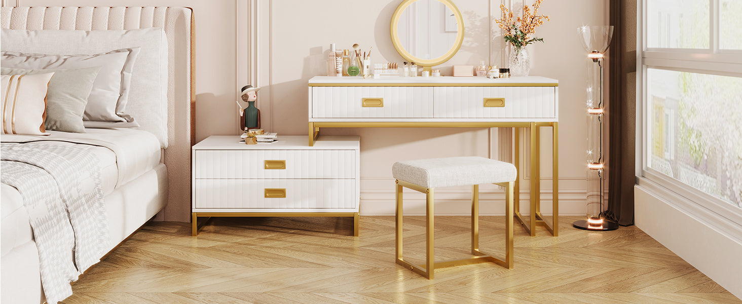 Modern Vanity Table w/ Cabinet & LED Lights - White/Gold-American Furniture Outlet