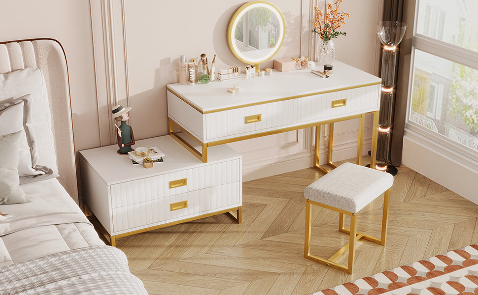 Modern Vanity Table w/ Cabinet & LED Lights - White/Gold-American Furniture Outlet