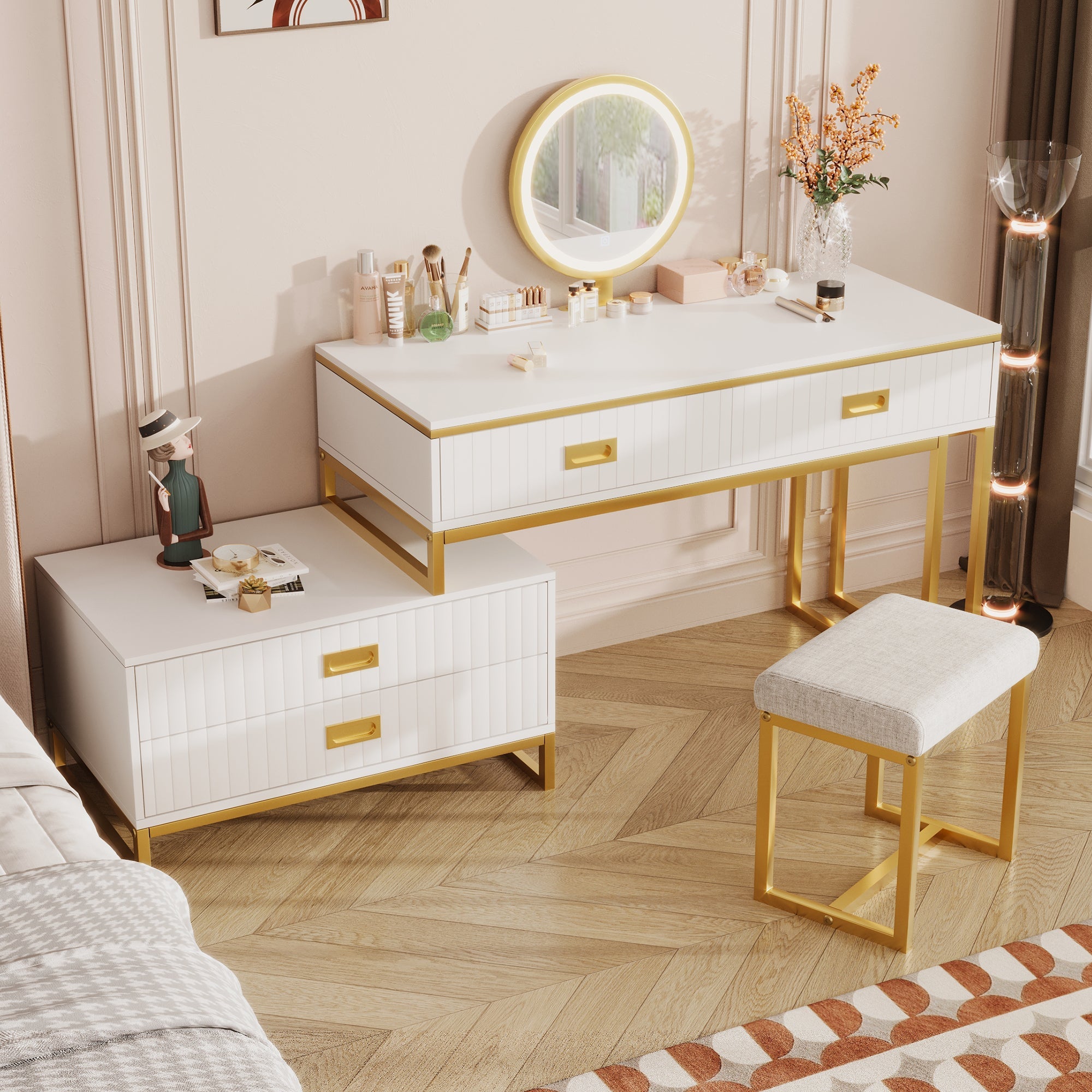 Modern Vanity Table w/ Cabinet & LED Lights - White/Gold-American Furniture Outlet