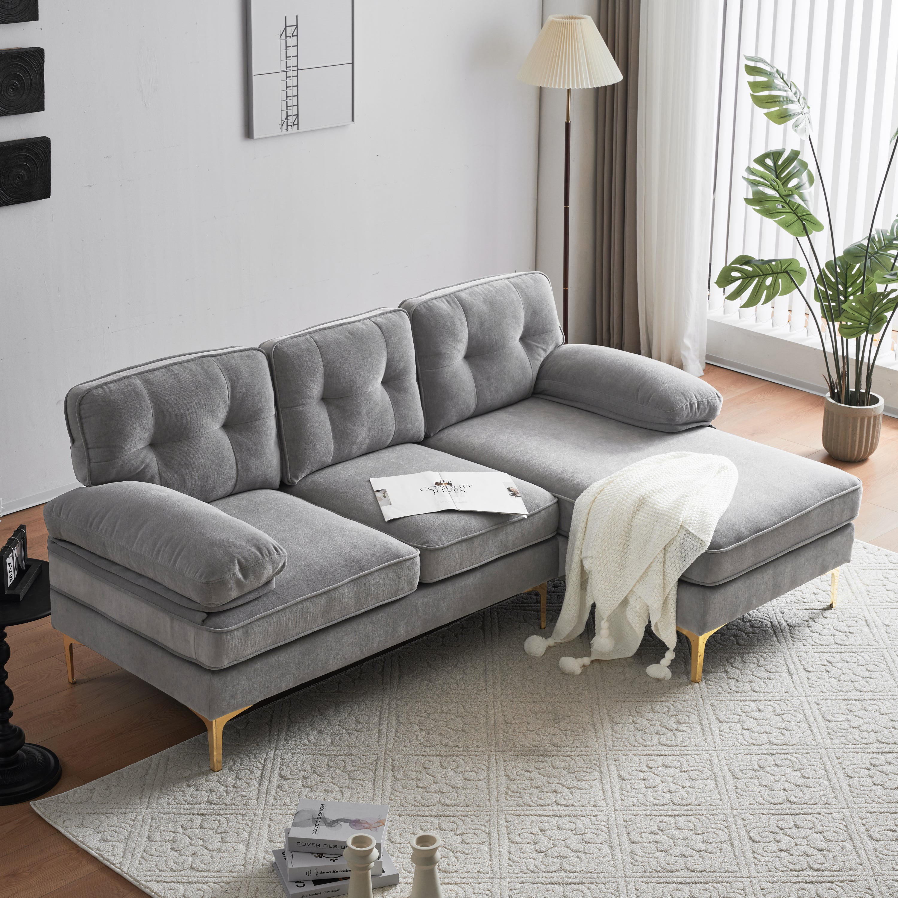 Modern Velvet L-Shaped Sectional Sofas for Living Room, Bedroom | Light Grey | Stylish and Comfortable Addition to Your Home Decor-American Furniture Outlet -American Furniture Outlet