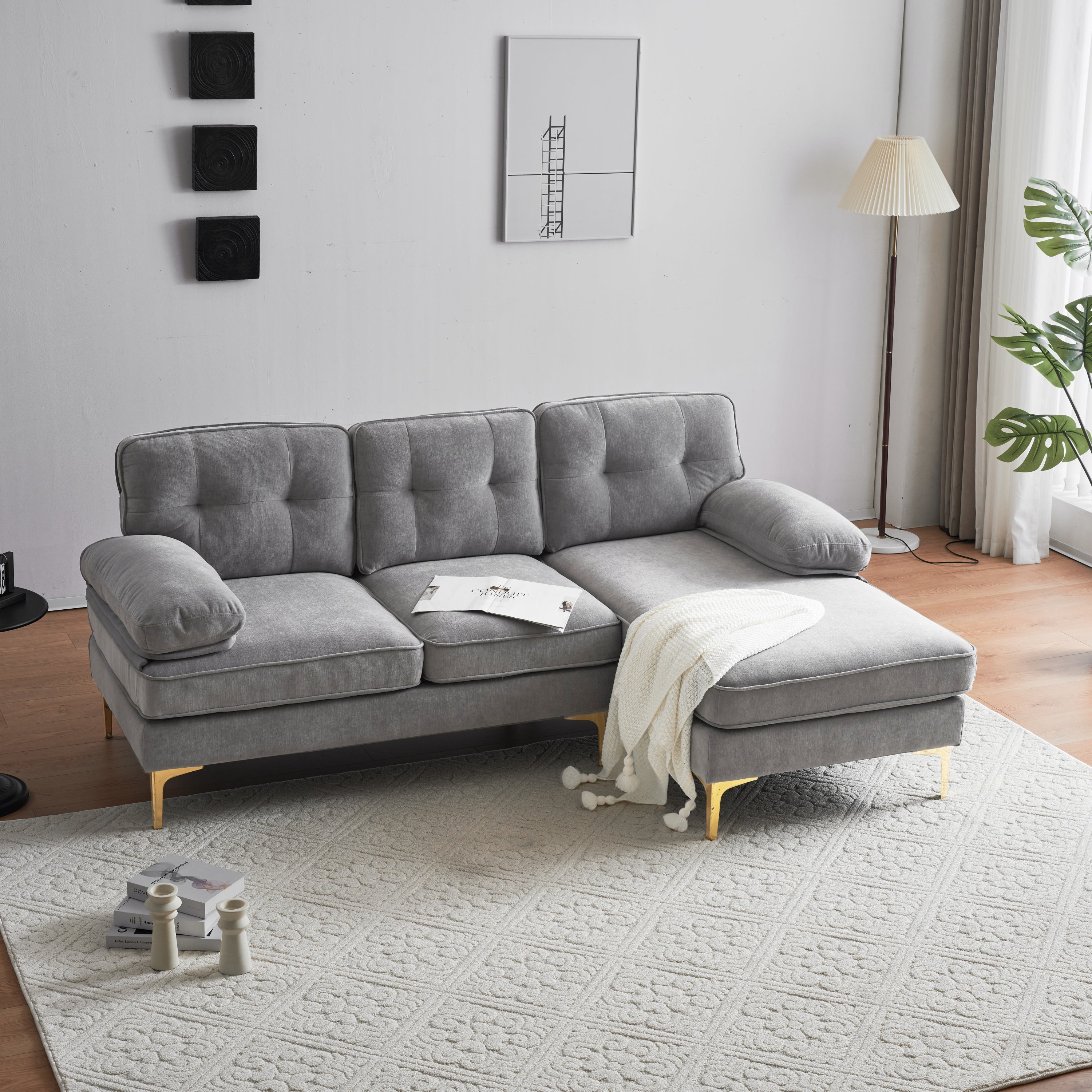 Modern Velvet L-Shaped Sectional Sofas for Living Room, Bedroom | Light Grey | Stylish and Comfortable Addition to Your Home Decor-American Furniture Outlet -American Furniture Outlet