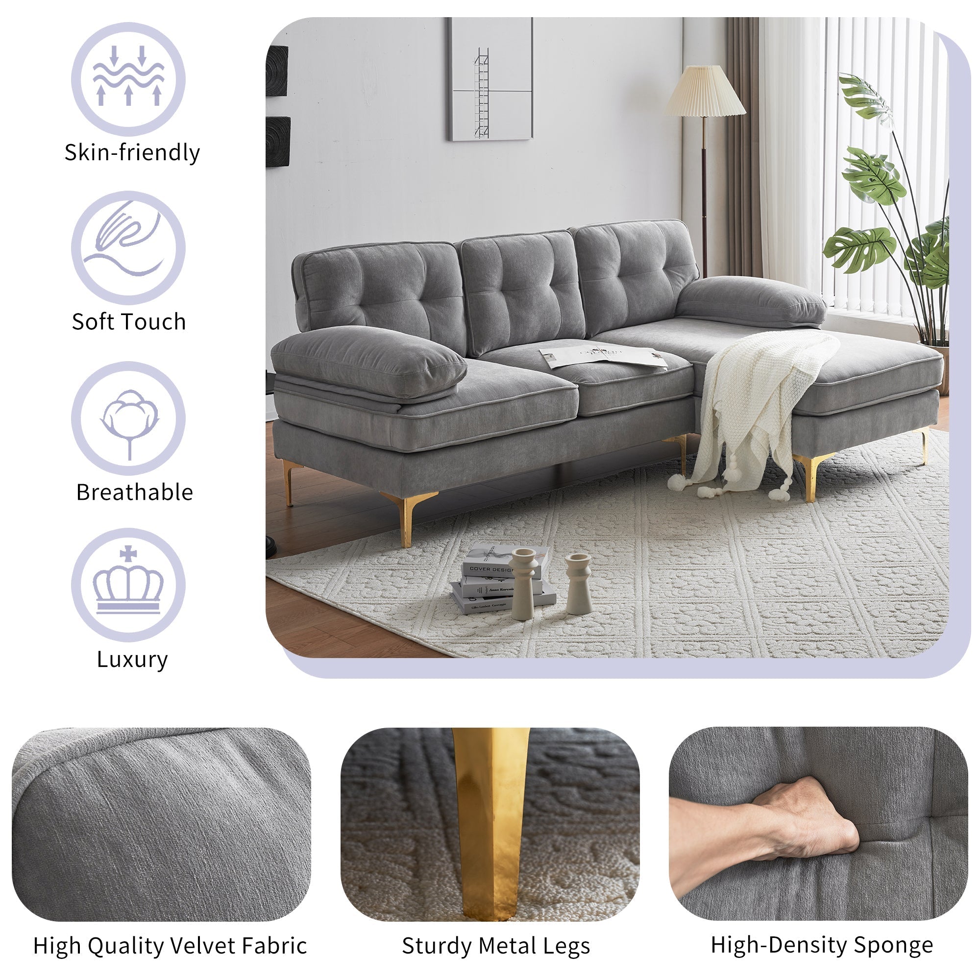 Modern Velvet L-Shaped Sectional Sofas for Living Room, Bedroom | Light Grey | Stylish and Comfortable Addition to Your Home Decor-American Furniture Outlet -American Furniture Outlet