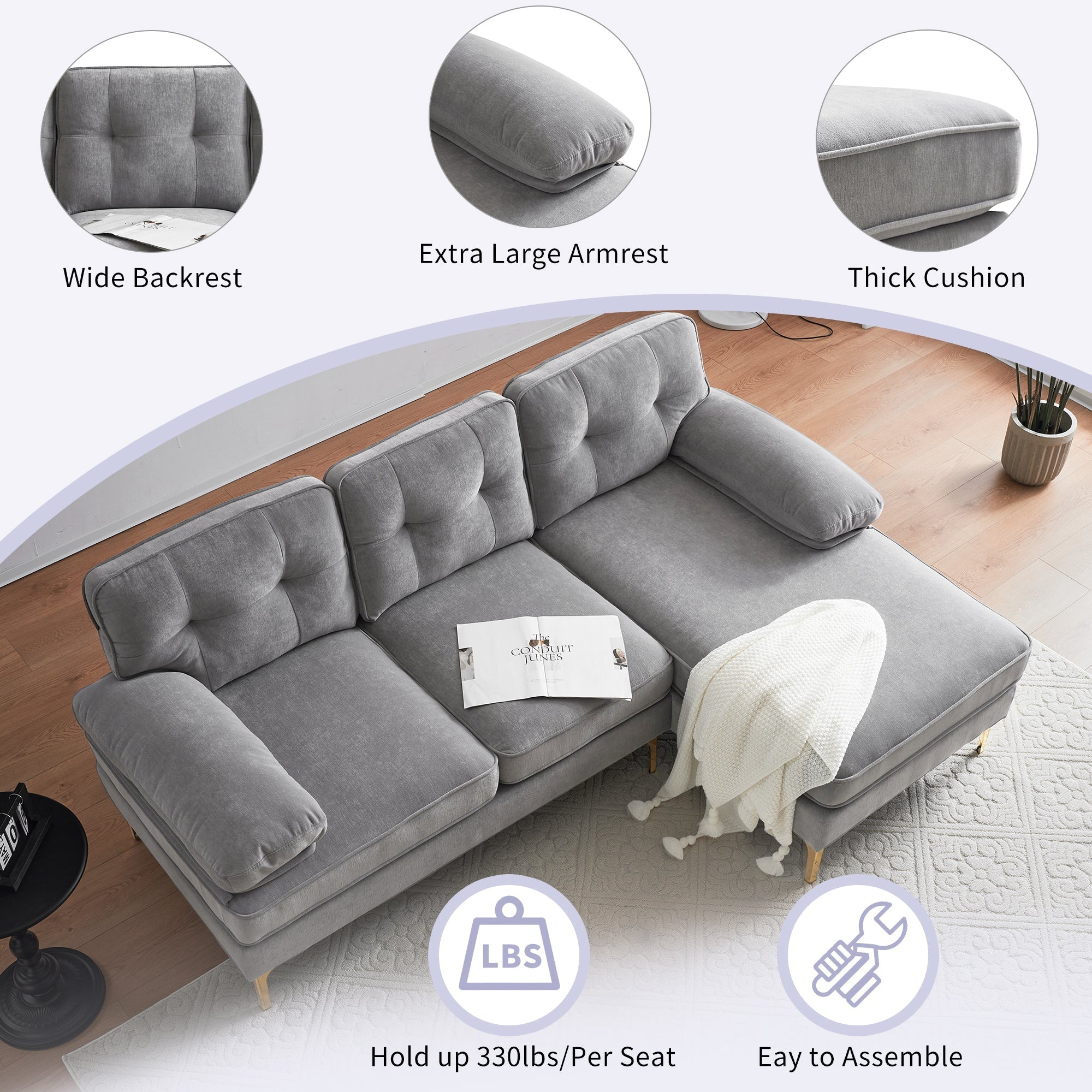 Modern Velvet L-Shaped Sectional Sofas for Living Room, Bedroom | Light Grey | Stylish and Comfortable Addition to Your Home Decor-American Furniture Outlet -American Furniture Outlet