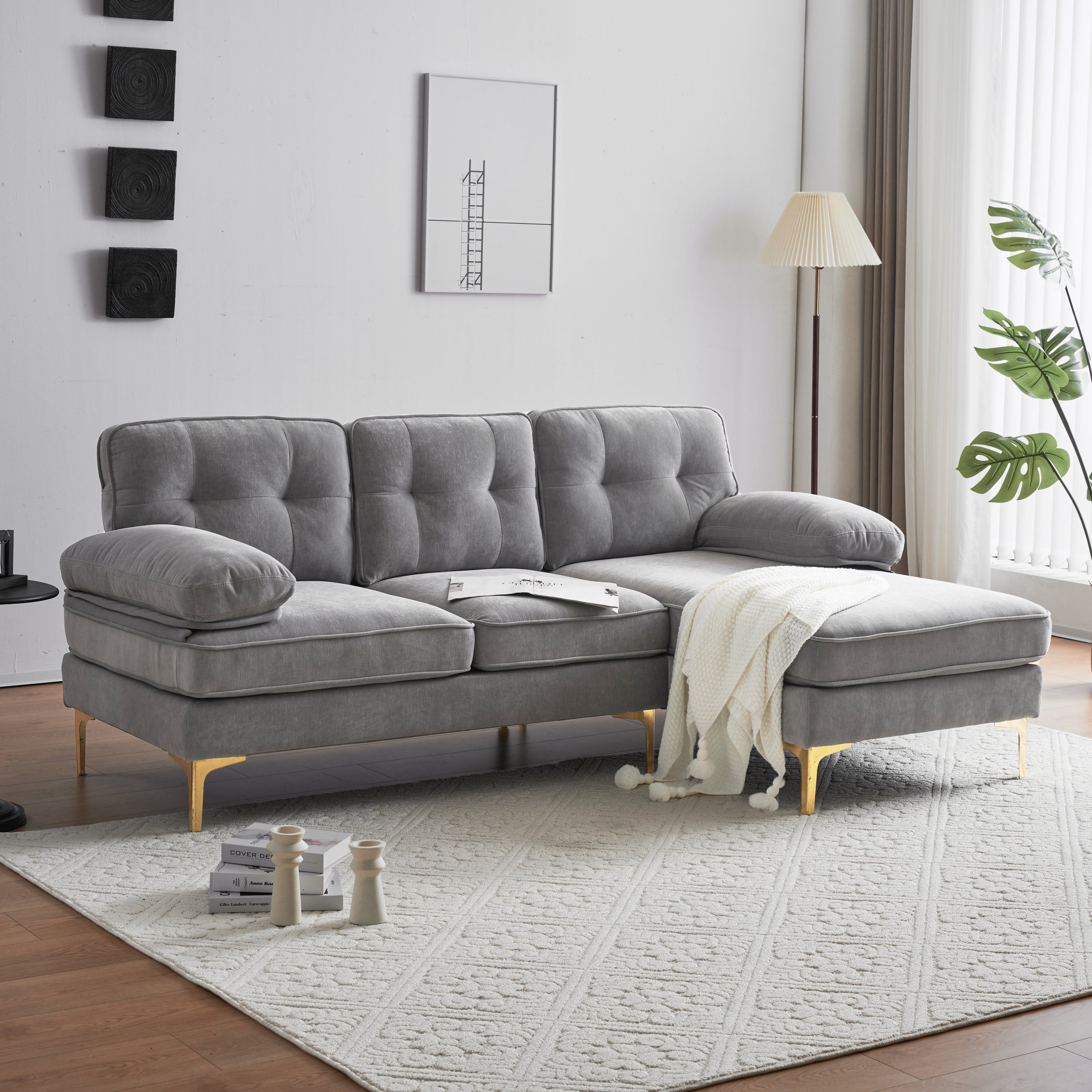 Modern Velvet L-Shaped Sectional Sofas for Living Room, Bedroom | Light Grey | Stylish and Comfortable Addition to Your Home Decor-American Furniture Outlet -American Furniture Outlet