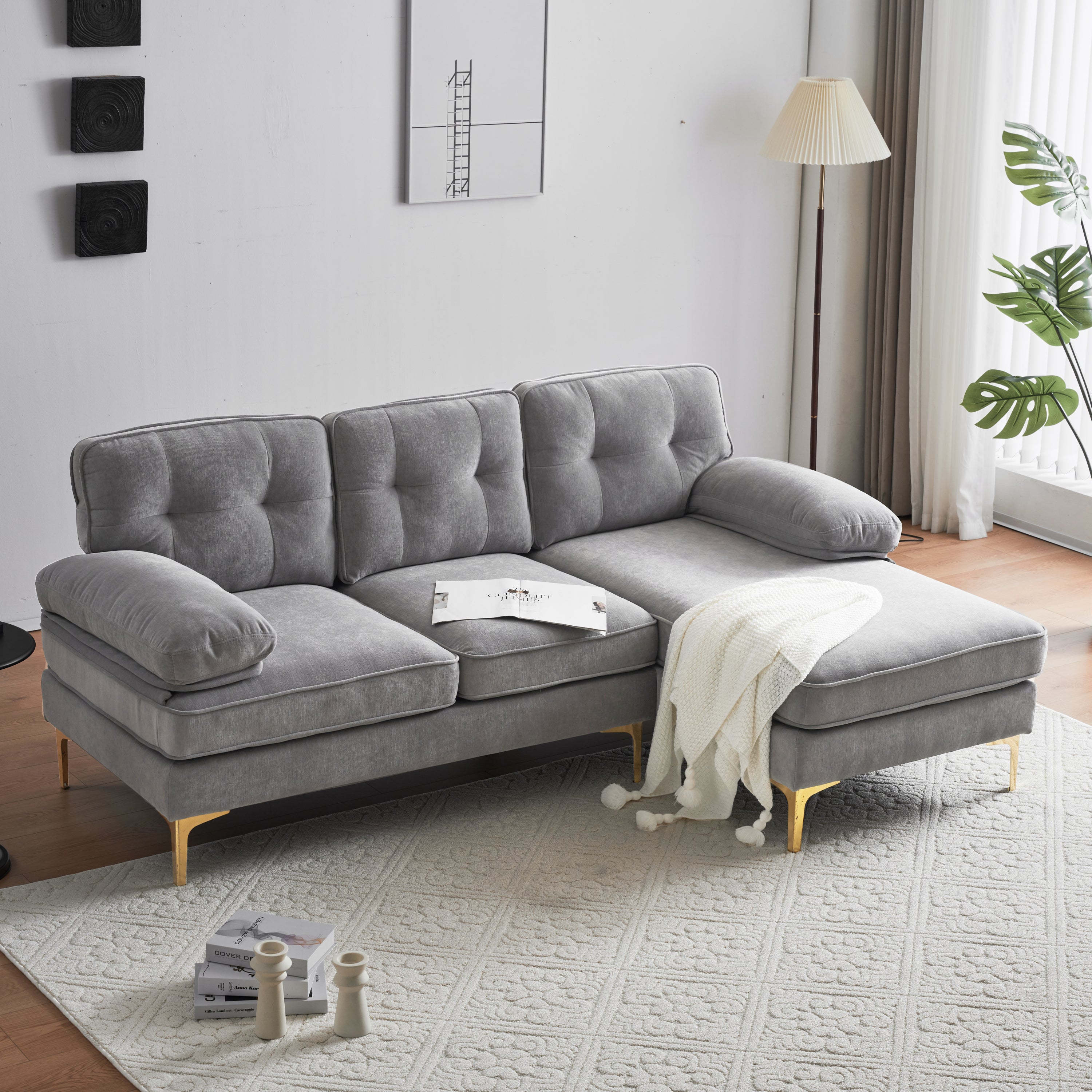 Modern Velvet L-Shaped Sectional Sofas for Living Room, Bedroom | Light Grey | Stylish and Comfortable Addition to Your Home Decor-American Furniture Outlet -American Furniture Outlet