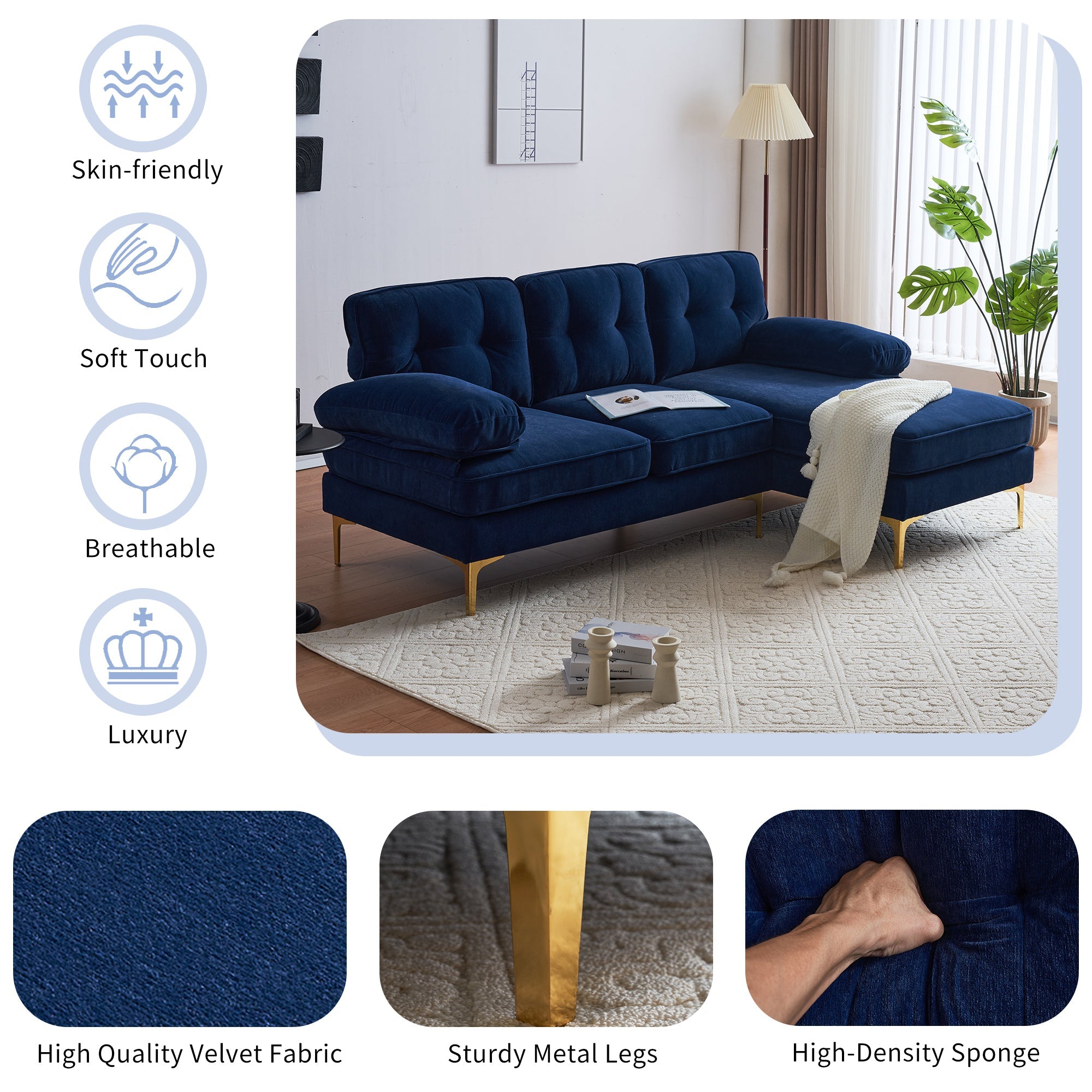 Modern Velvet L-Shaped Sectional Sofas for Living Room, Bedroom | Stylish and Comfortable | Blue | Ideal Addition to Your Home Decor-American Furniture Outlet -American Furniture Outlet