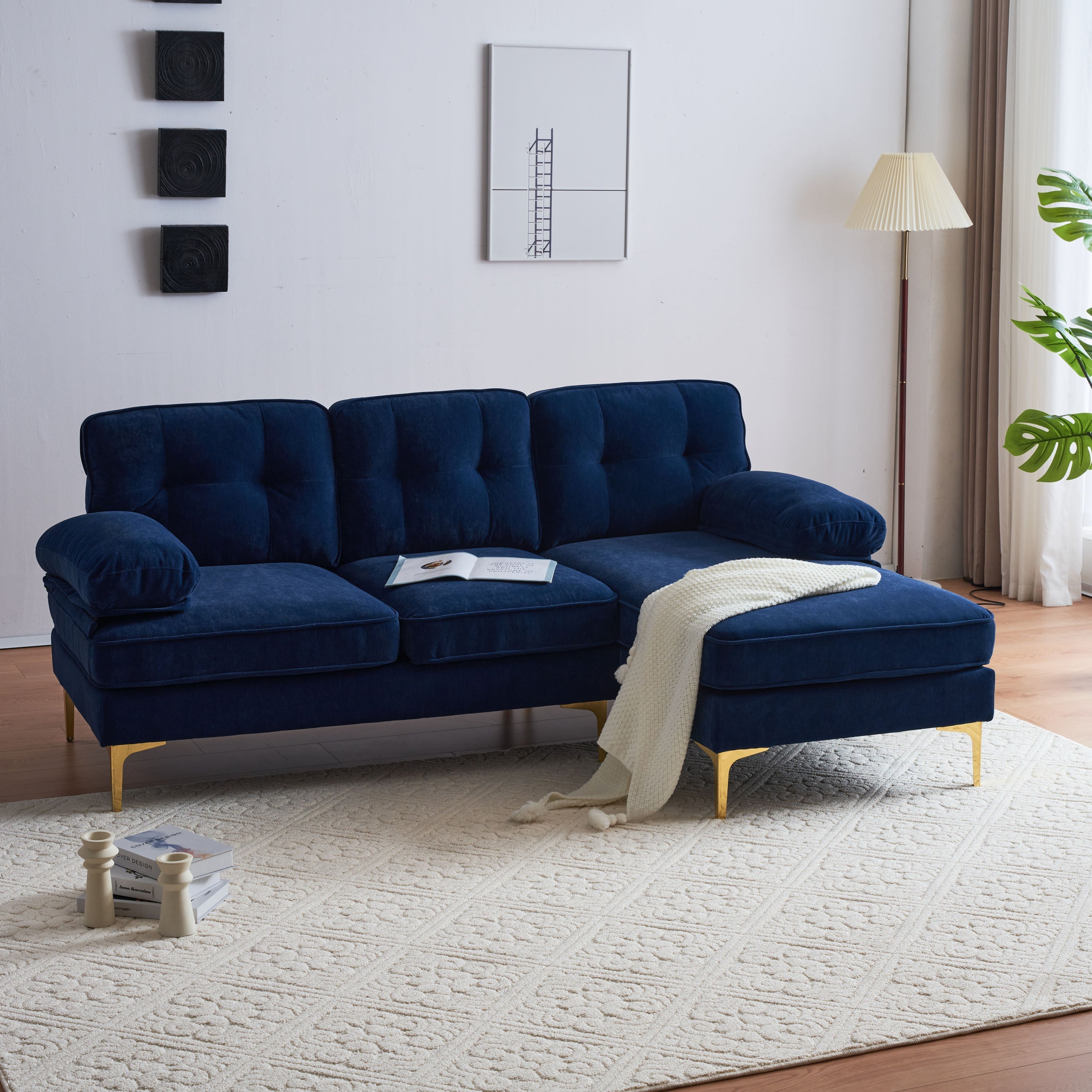 Modern Velvet L-Shaped Sectional Sofas for Living Room, Bedroom | Stylish and Comfortable | Blue | Ideal Addition to Your Home Decor-American Furniture Outlet -American Furniture Outlet